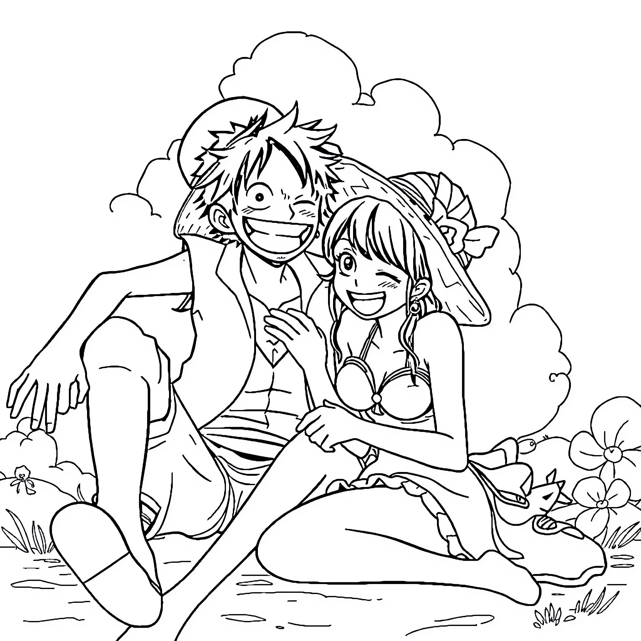 Luffy and friend relax in nature's embrace Coloring Page (free black-and-white line drawing printable PDF for all, from beginners to advanced learners, including children, teens, adults, and seniors)