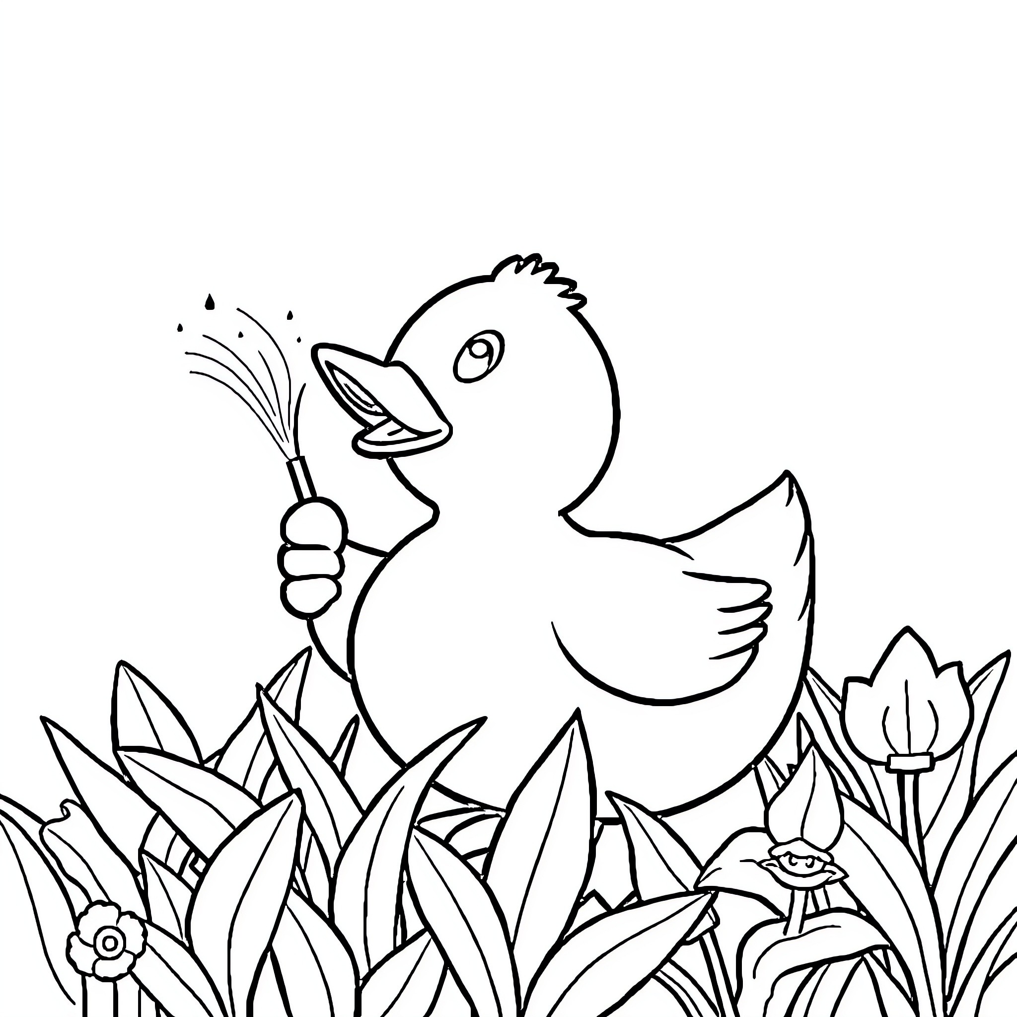 Rubber Duck Splashing in Floral Garden Coloring Page (free black-and-white line drawing printable PDF for all, from beginners to advanced learners, including children, teens, adults, and seniors)
