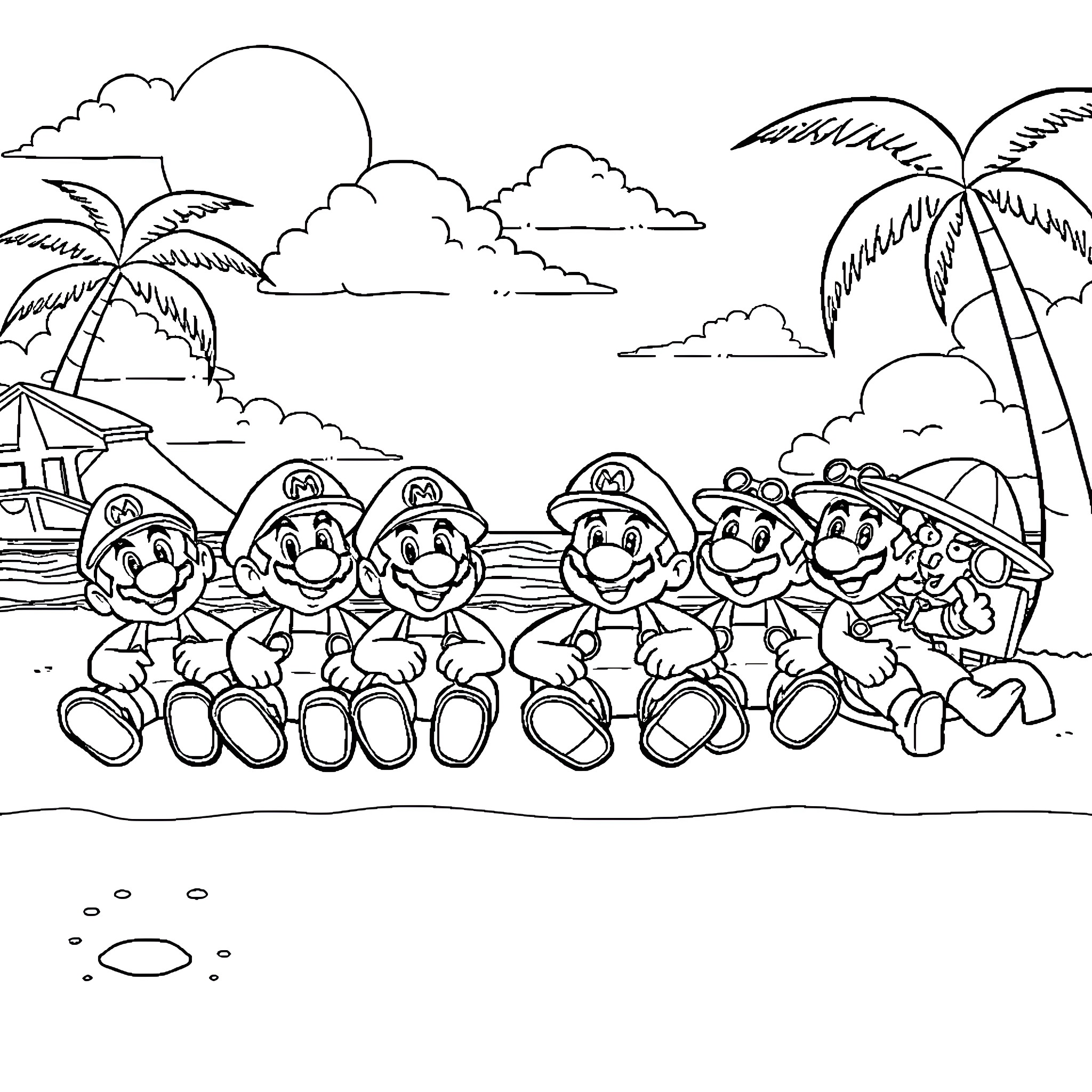 Super Mario Characters on a Beach Adventure Coloring Page (free black-and-white line drawing printable PDF for all, from beginners to advanced learners, including children, teens, adults, and seniors)