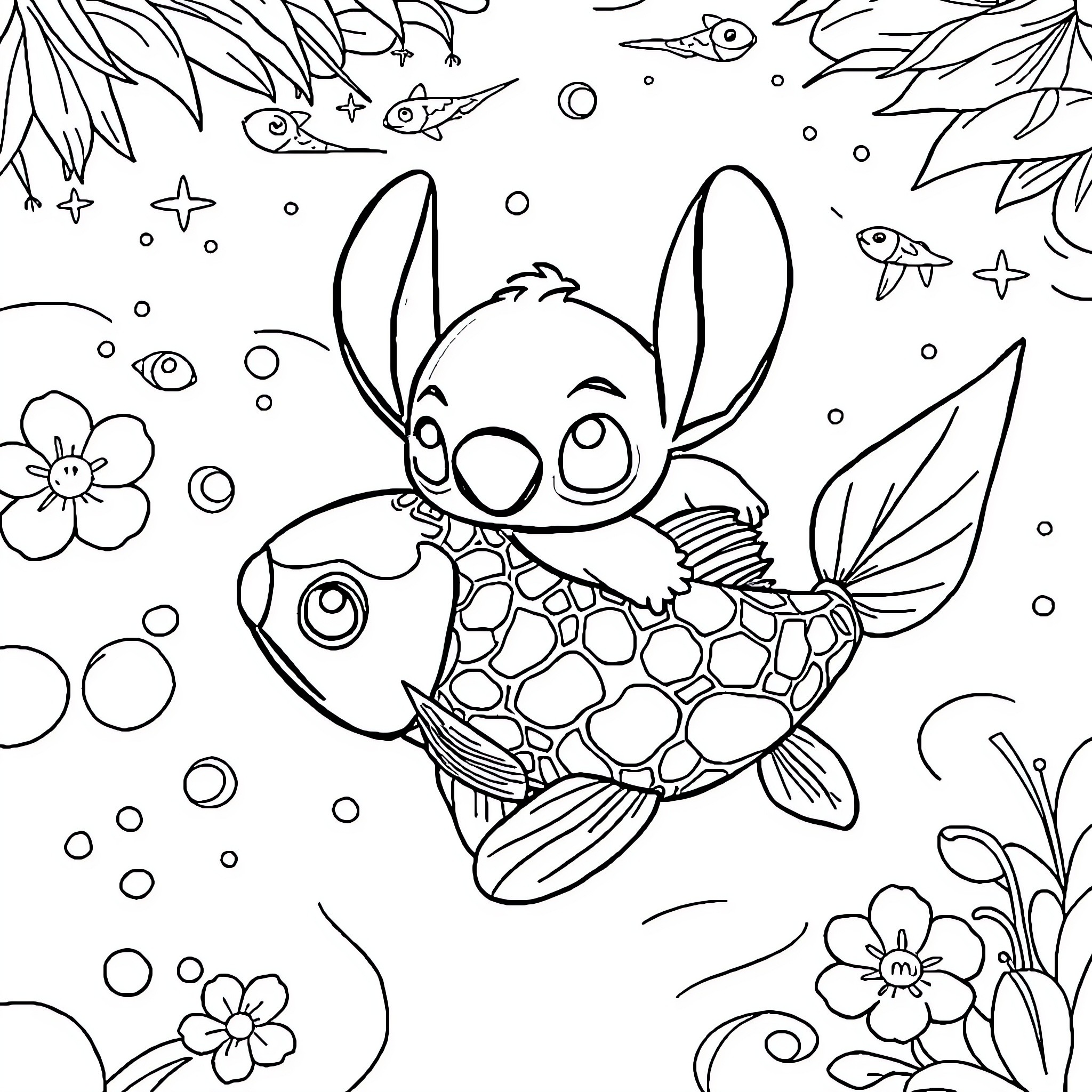Stitch playing with sea creatures in the ocean Coloring Page (free black-and-white line drawing printable PDF for all, from beginners to advanced learners, including children, teens, adults, and seniors)