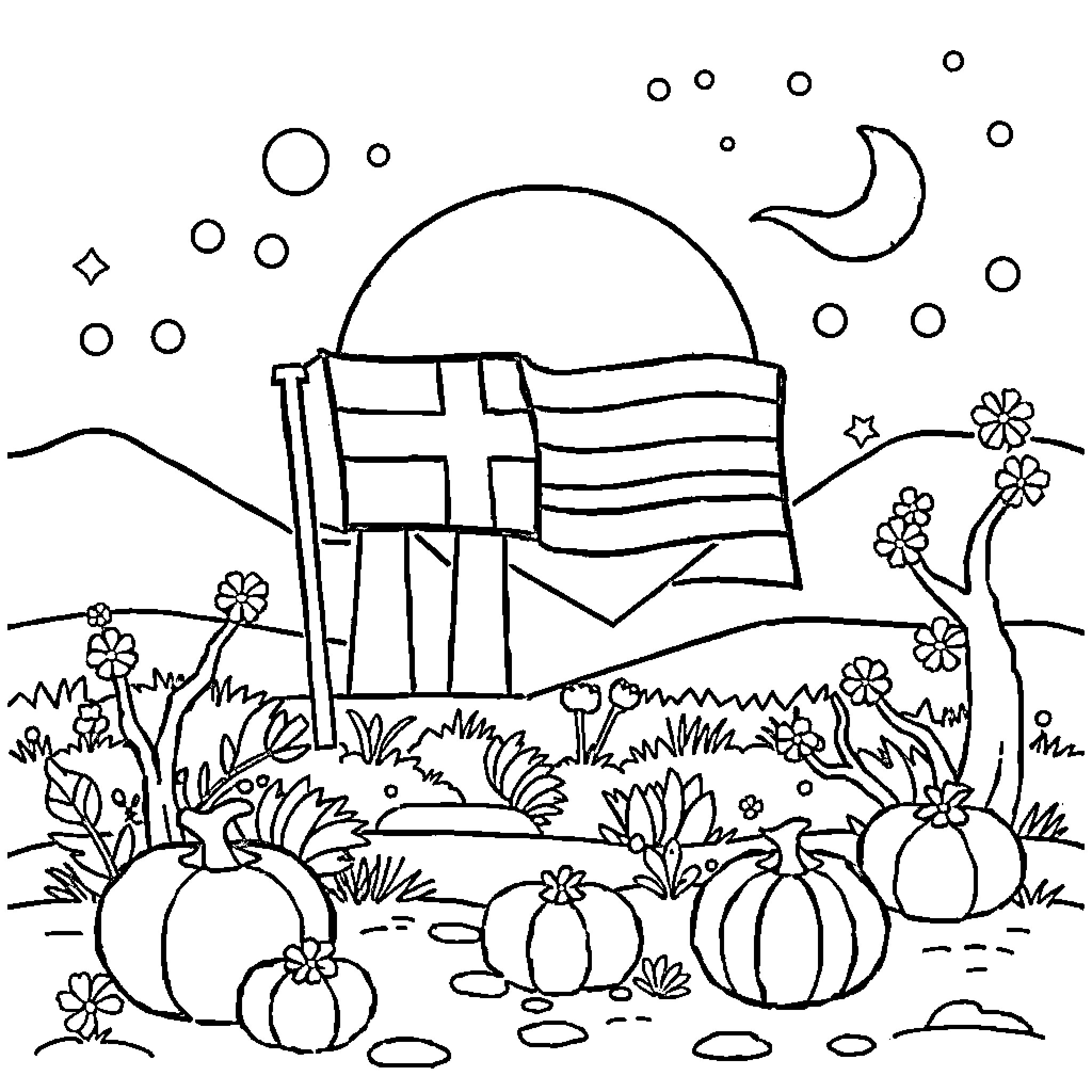 Greek Celebration with Festive Decorations and Flags Coloring Page (free black-and-white line drawing printable PDF for all, from beginners to advanced learners, including children, teens, adults, and seniors)