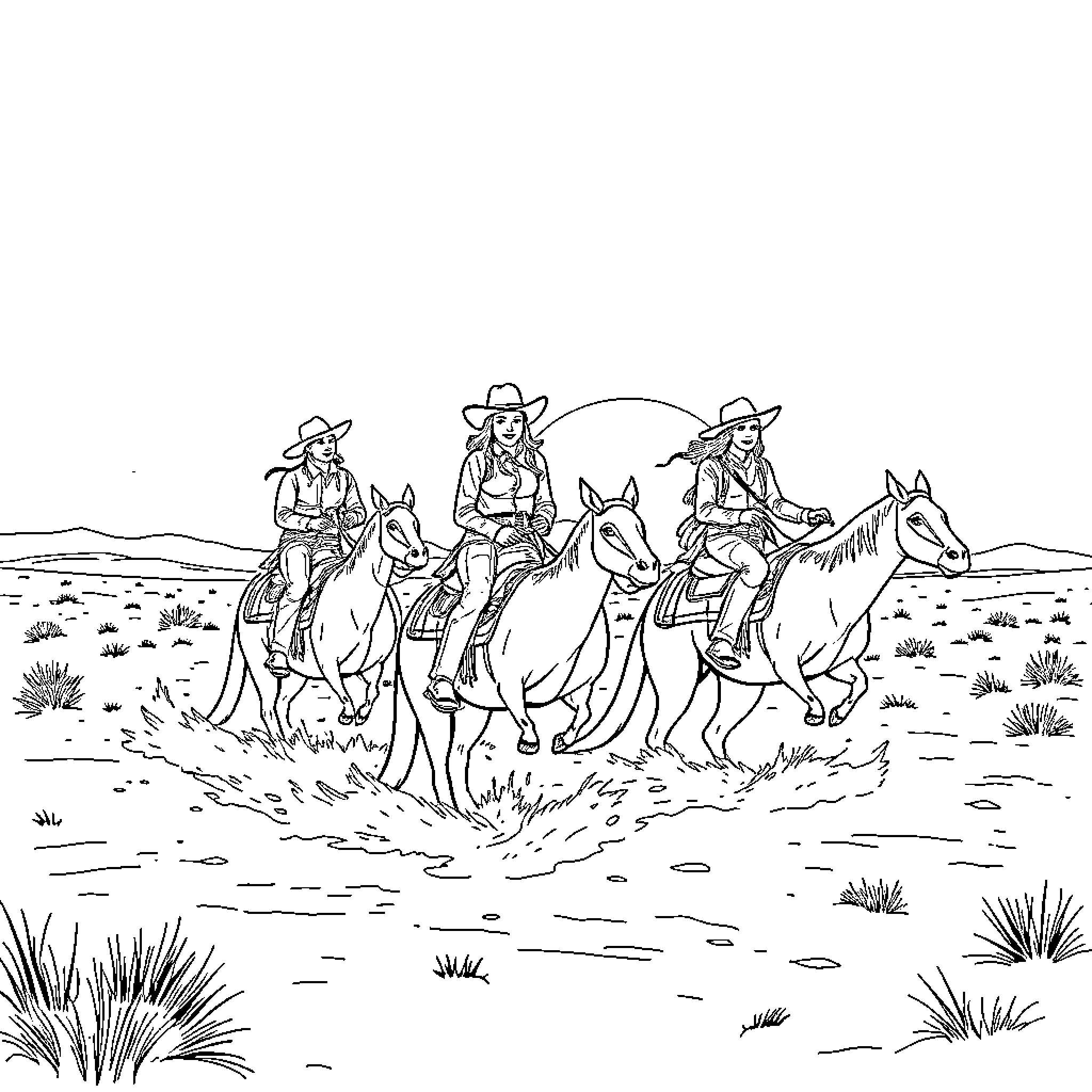 Kangaroo Riders Riding Through the Desert Coloring Page (free black-and-white line drawing printable PDF for all, from beginners to advanced learners, including children, teens, adults, and seniors)