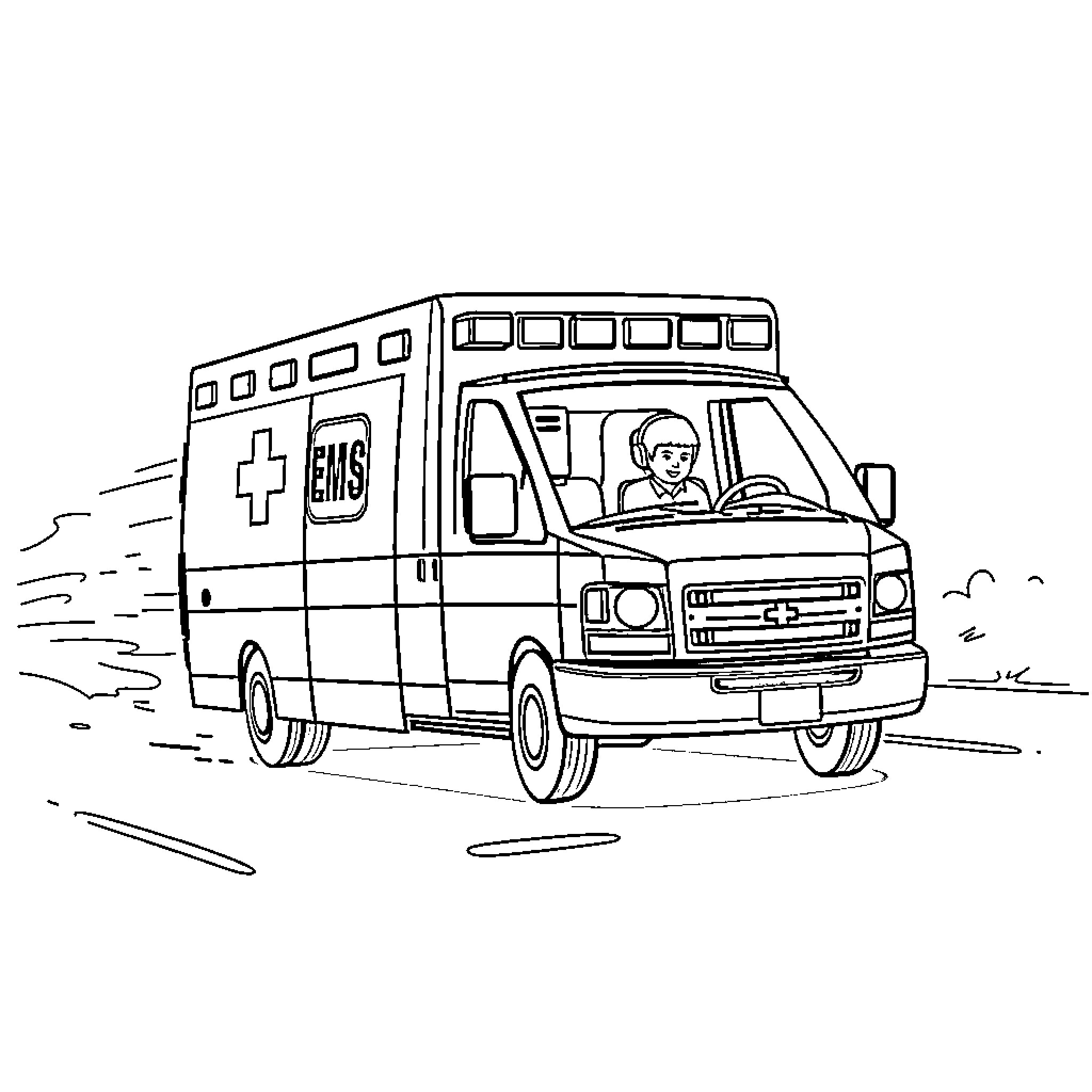 Ambulance responding to an emergency call Coloring Page (free black-and-white line drawing printable PDF for all, from beginners to advanced learners, including children, teens, adults, and seniors)