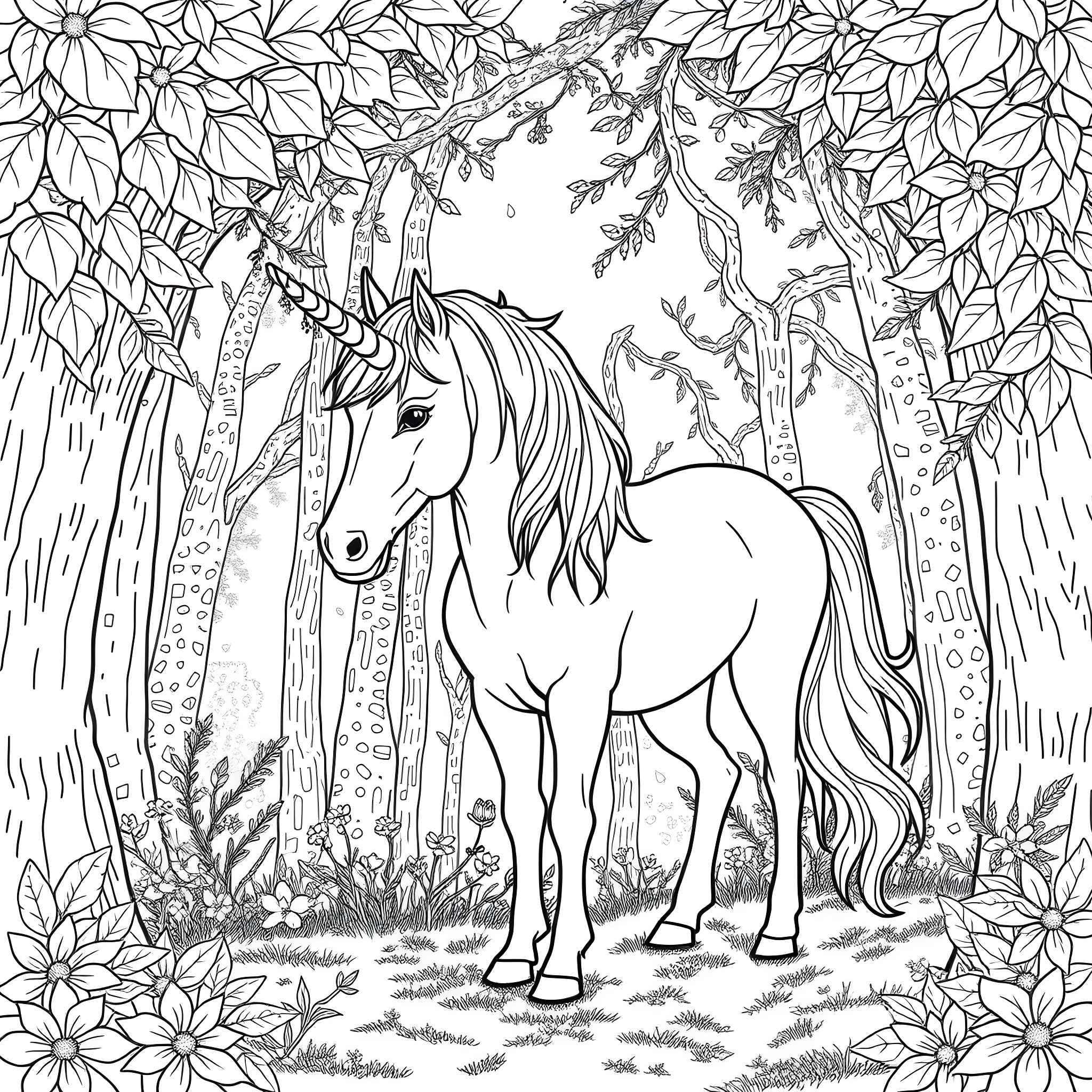 Unicorn in the enchanted forest Coloring Page (free black-and-white line drawing printable PDF for all, from beginners to advanced learners, including children, teens, adults, and seniors)