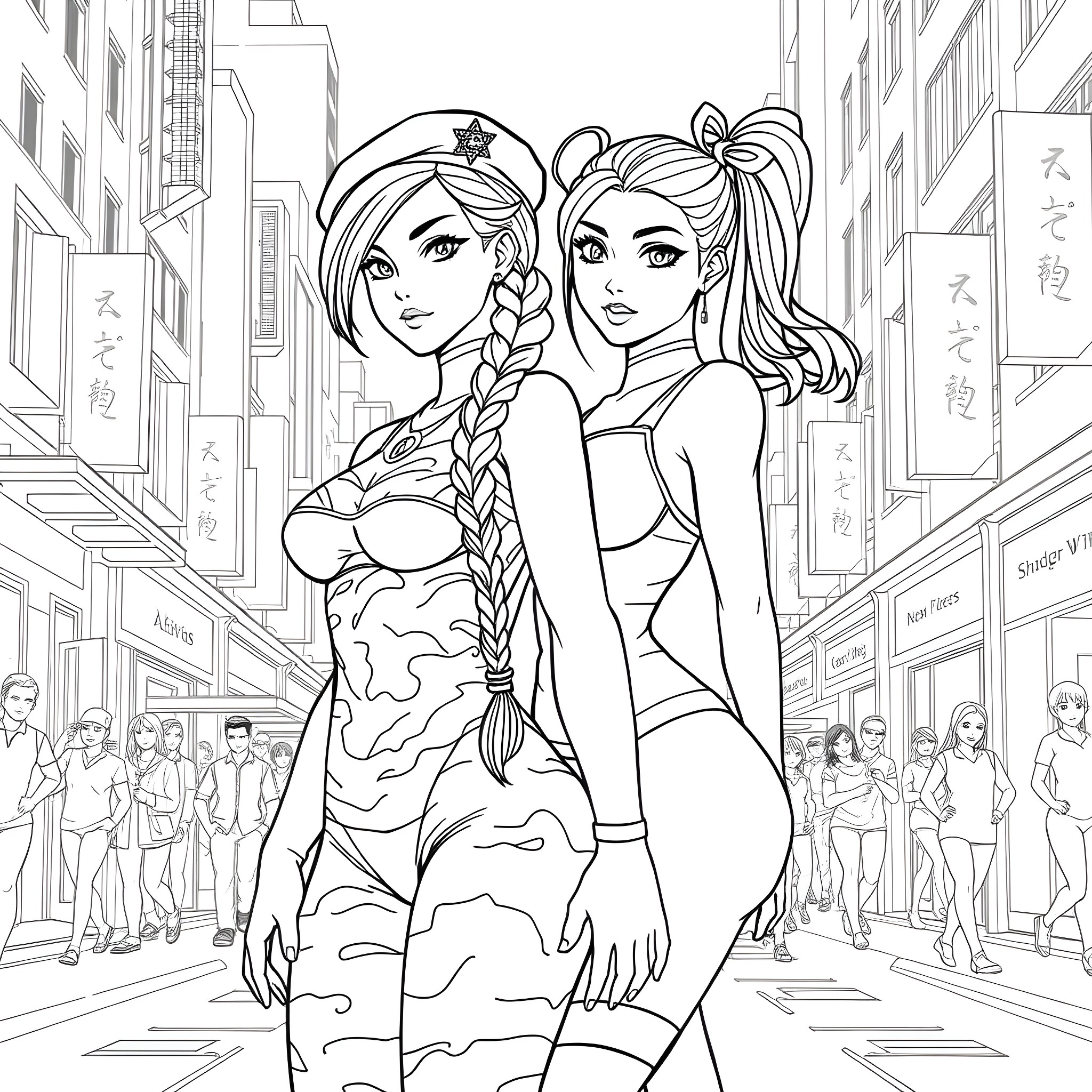 Cammy and Chun-Li - Powerful Fighters in the City Coloring Page (free black-and-white line drawing printable PDF for all, from beginners to advanced learners, including children, teens, adults, and seniors)