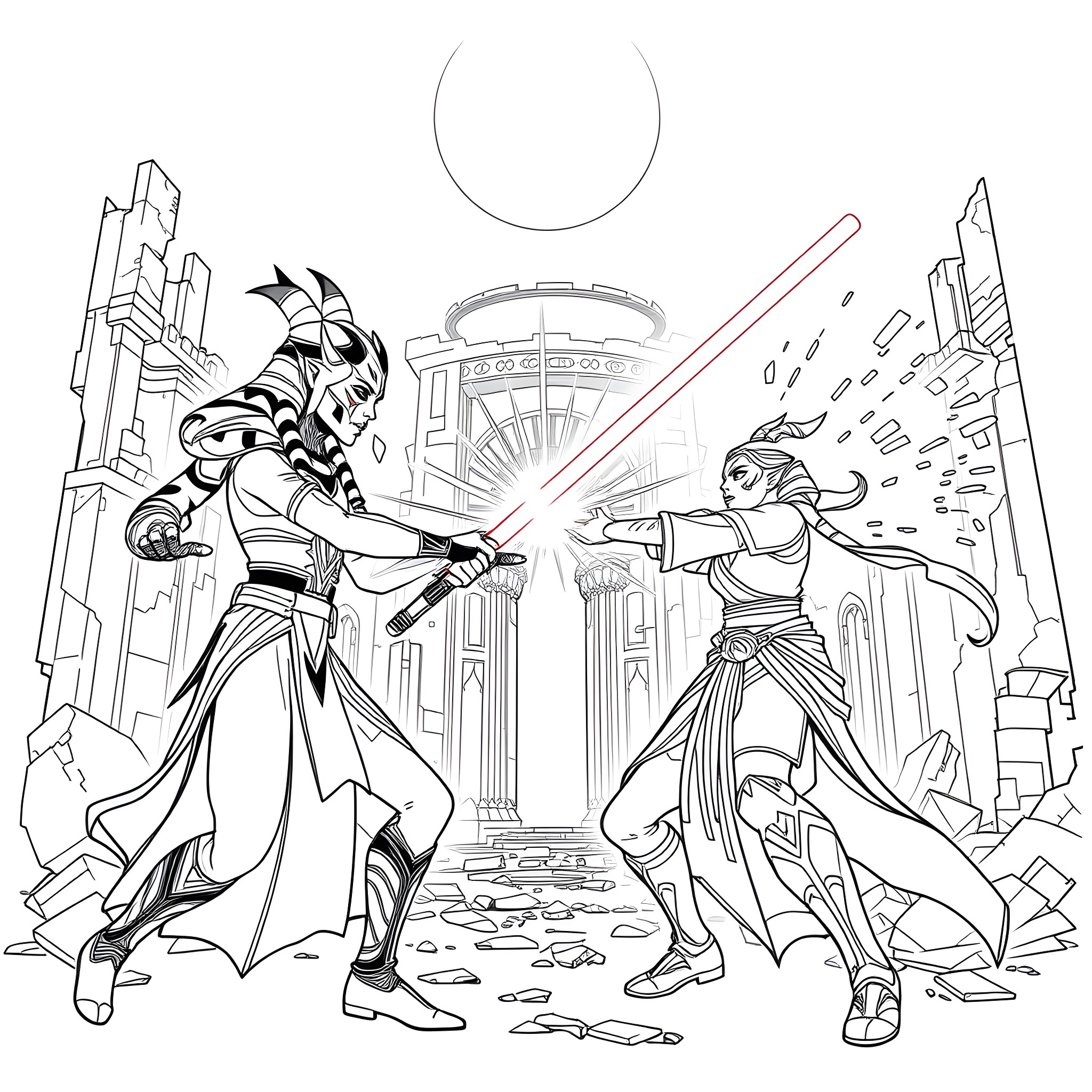 Ahsoka's Lightsaber Duel in the Futuristic City Coloring Page (free black-and-white line drawing printable PDF for all, from beginners to advanced learners, including children, teens, adults, and seniors)