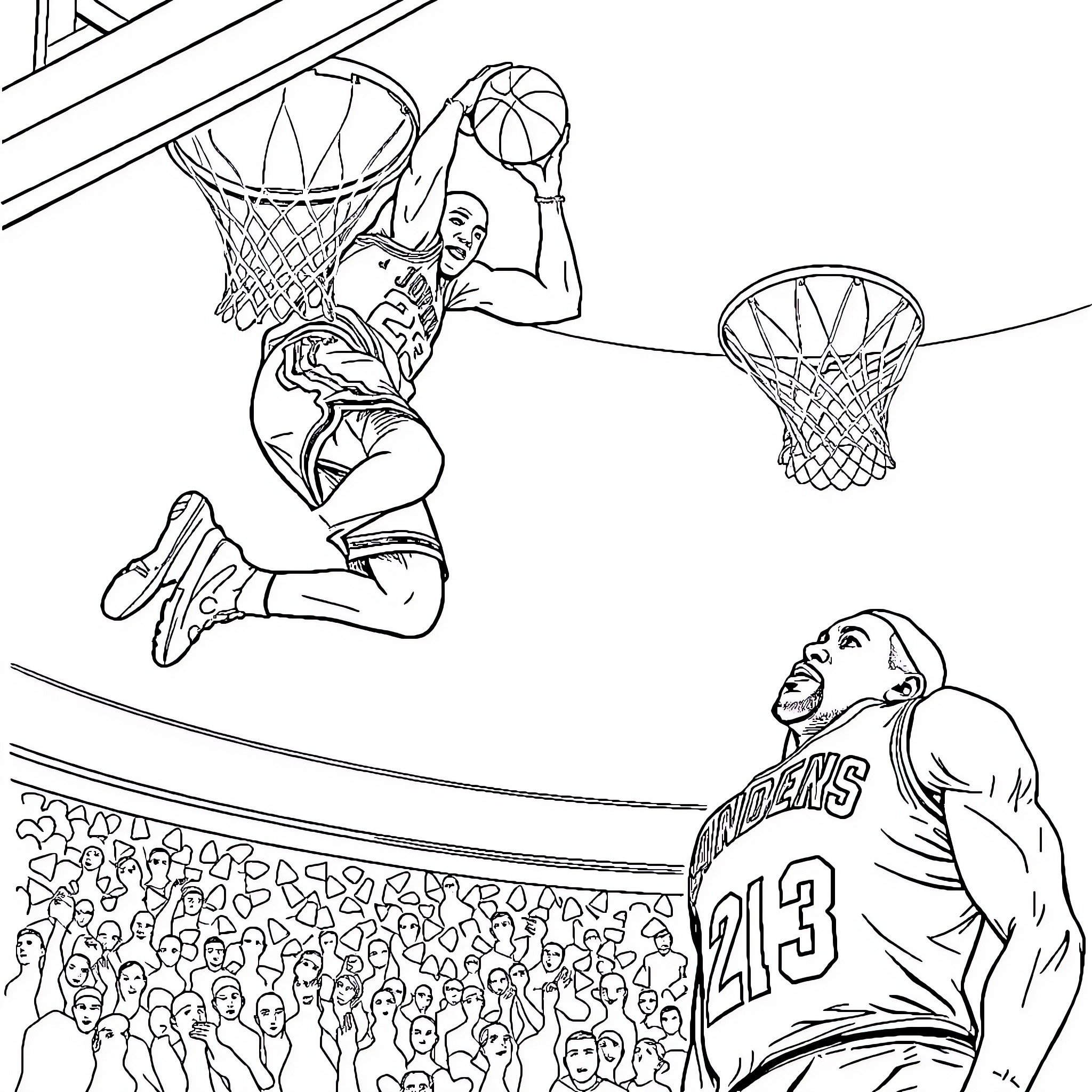 Michael Jordan Slam Dunking on Basketball Court Coloring Page (free black-and-white line drawing printable PDF for all, from beginners to advanced learners, including children, teens, adults, and seniors)