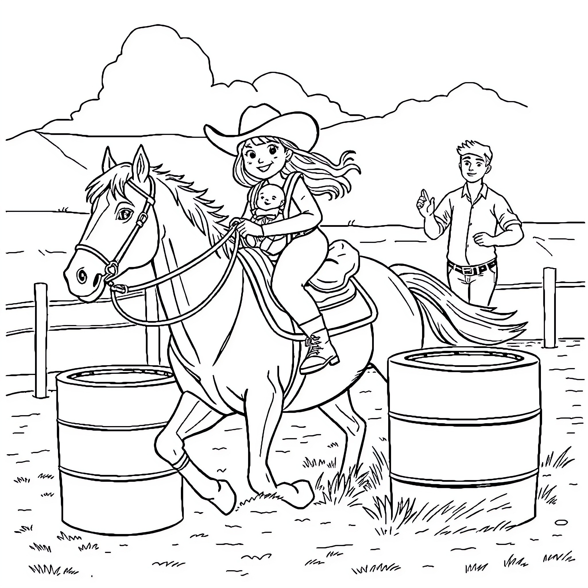 Girl riding horse near barrels in countryside Coloring Page (free black-and-white line drawing printable PDF for all, from beginners to advanced learners, including children, teens, adults, and seniors)