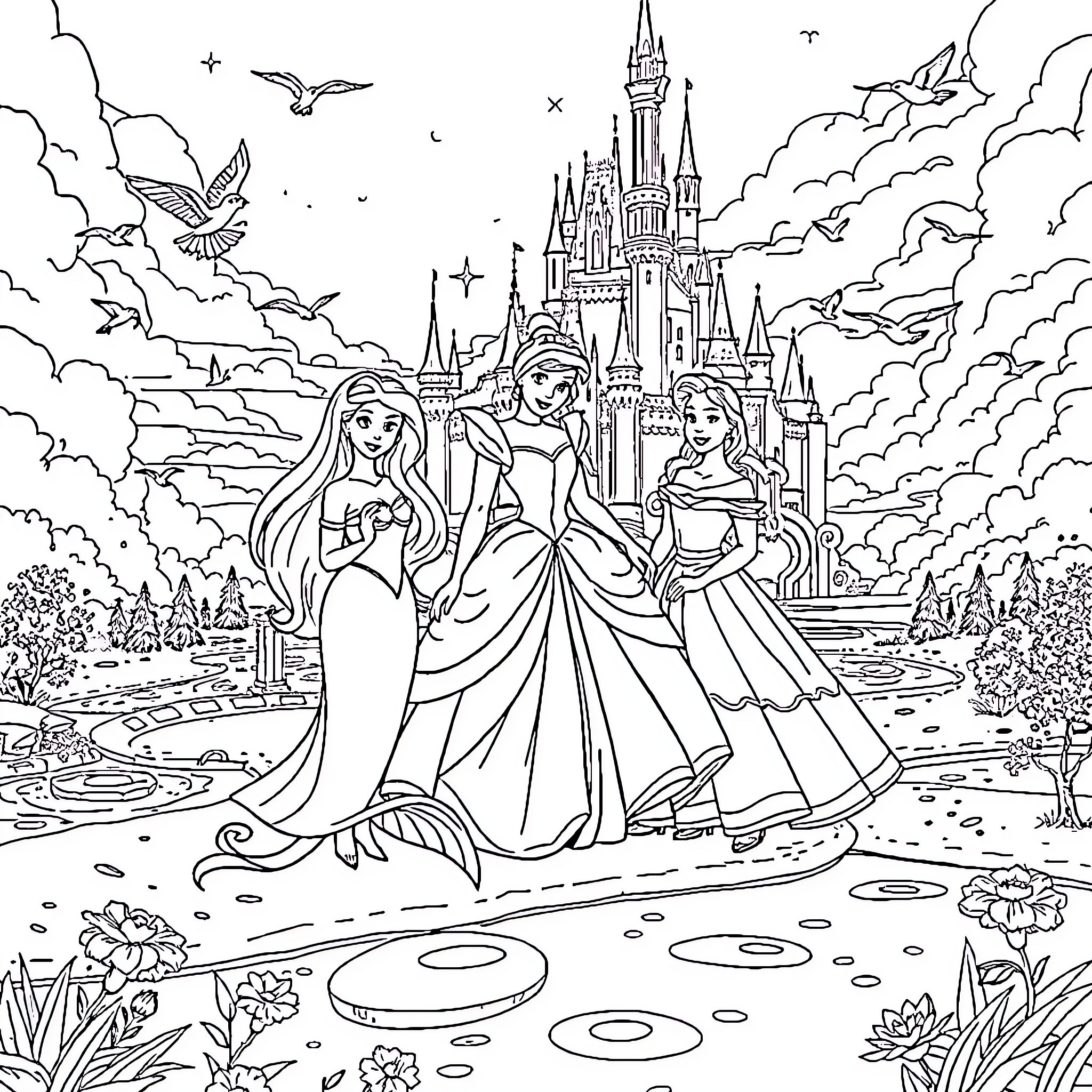 Cinderella and her Princess Friends at the Castle Coloring Page (free black-and-white line drawing printable PDF for all, from beginners to advanced learners, including children, teens, adults, and seniors)