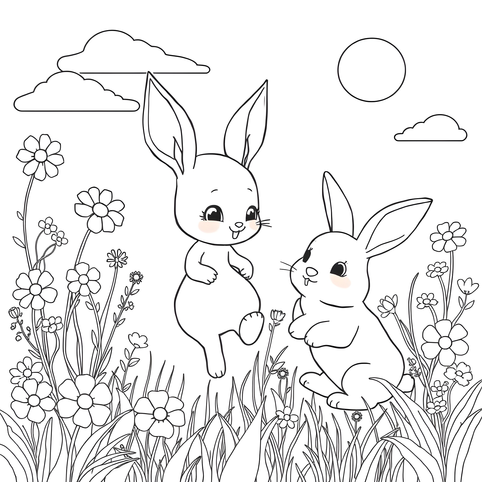 Vinx - Playful Rabbits in Flowery Meadow Coloring Page (free black-and-white line drawing printable PDF for all, from beginners to advanced learners, including children, teens, adults, and seniors)