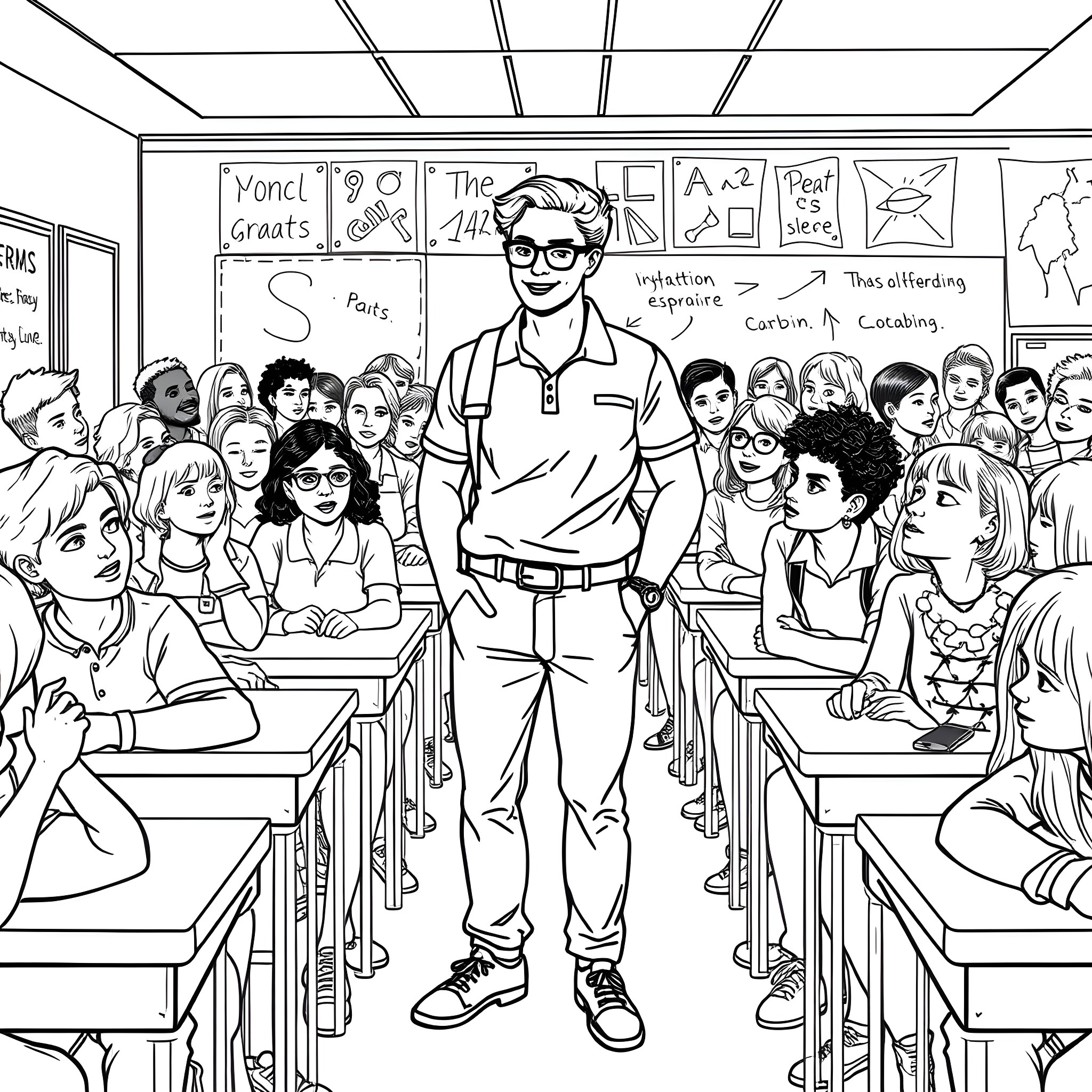 Classroom filled with engaged students and a teacher Coloring Page (free black-and-white line drawing printable PDF for all, from beginners to advanced learners, including children, teens, adults, and seniors)