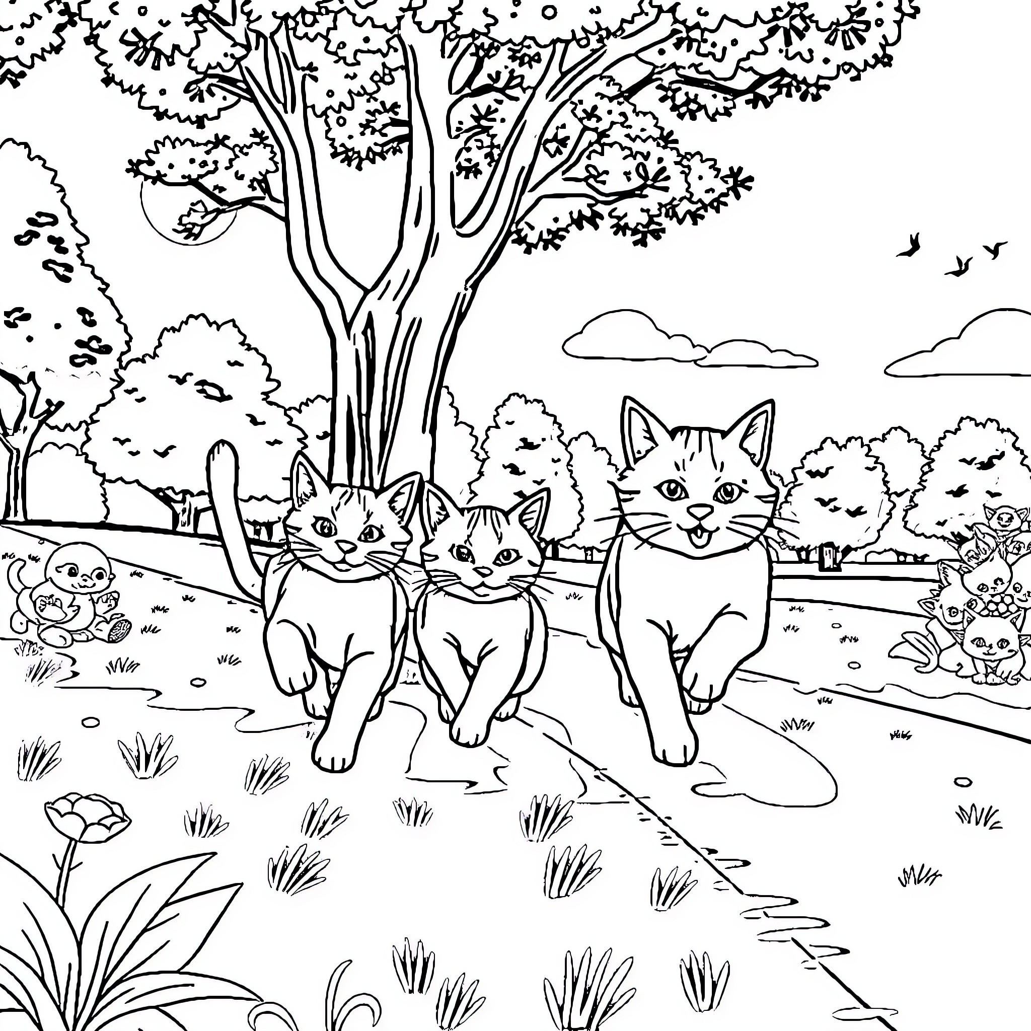 Cat Family in Idyllic Nature Scene Coloring Page (free black-and-white line drawing printable PDF for all, from beginners to advanced learners, including children, teens, adults, and seniors)