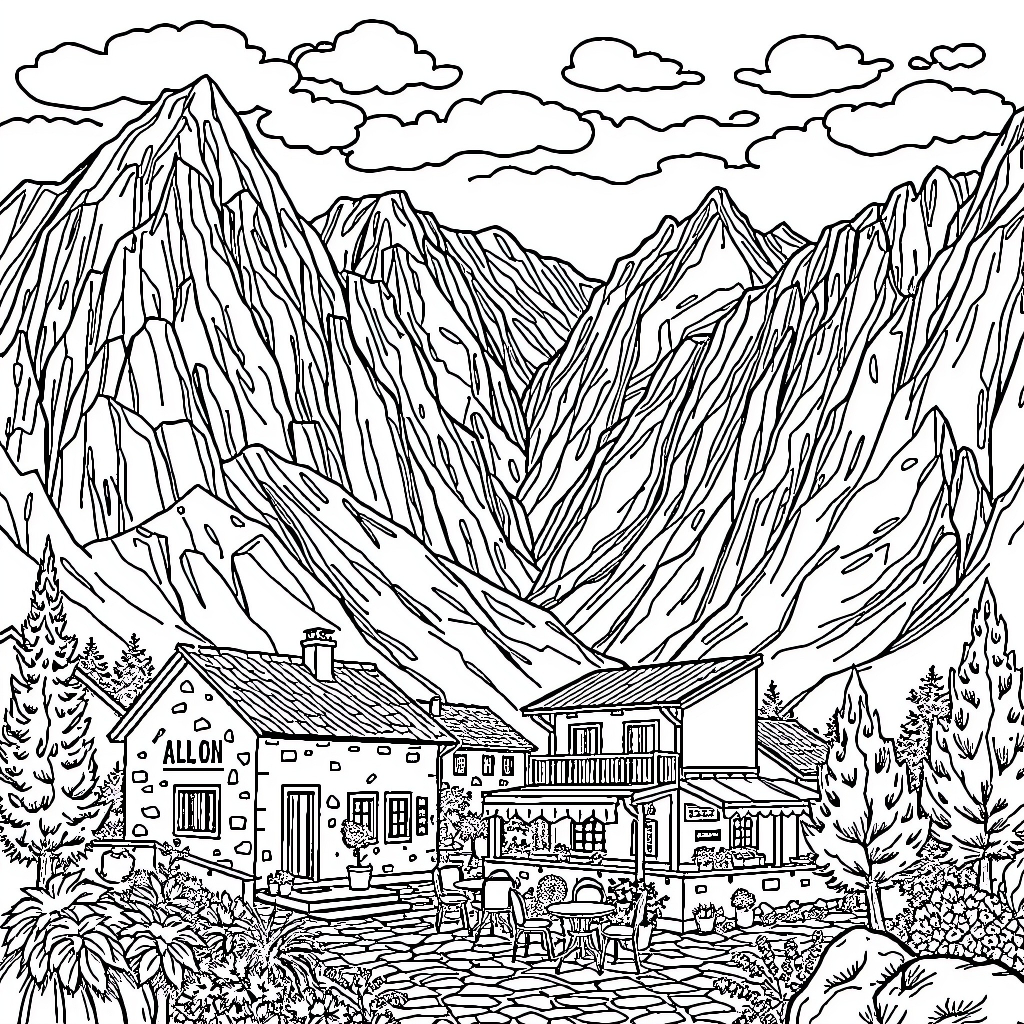 Mountain village scene with rugged landscapes Coloring Page (free black-and-white line drawing printable PDF for all, from beginners to advanced learners, including children, teens, adults, and seniors)