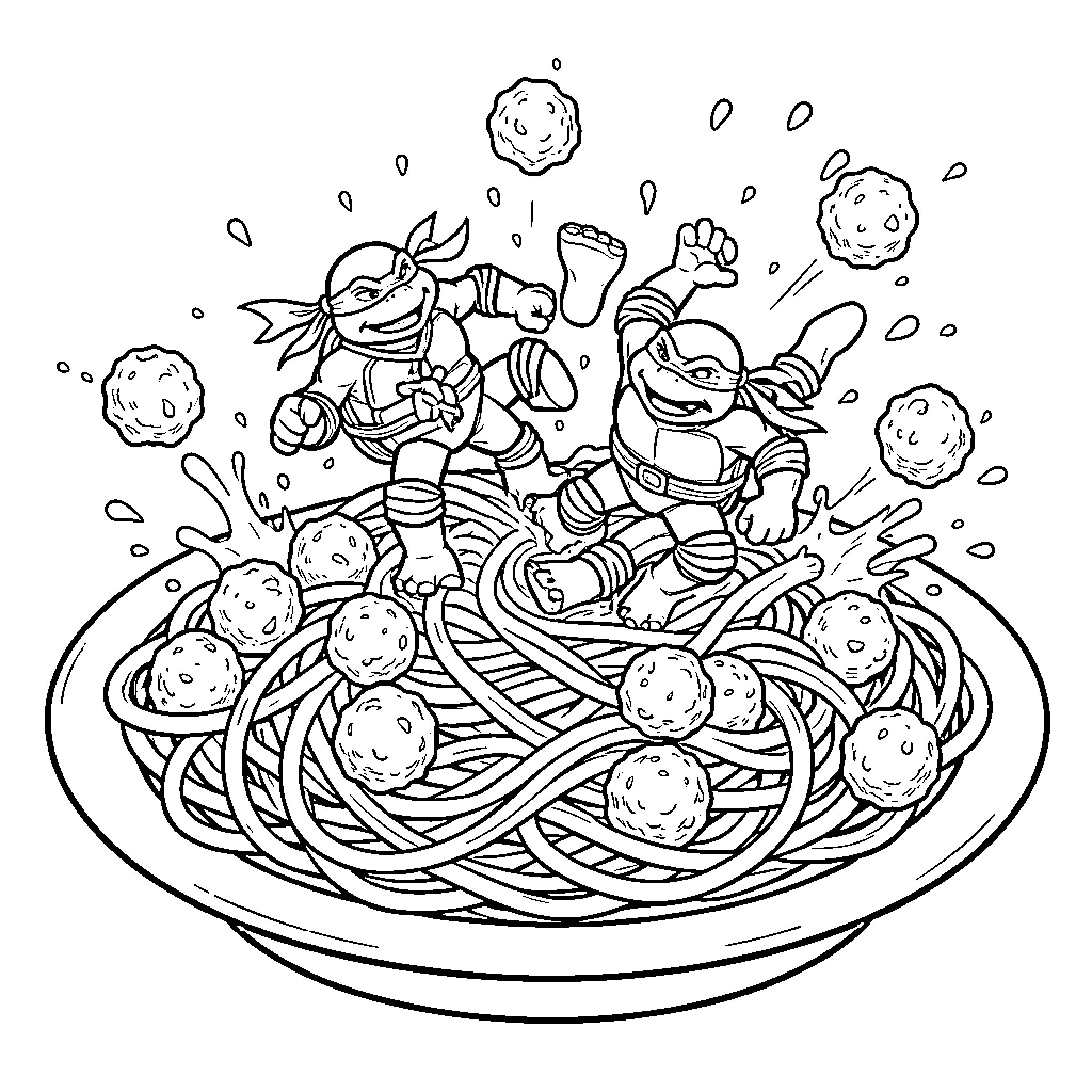 Ninja Turtle characters in action with pasta dish Coloring Page (free black-and-white line drawing printable PDF for all, from beginners to advanced learners, including children, teens, adults, and seniors)