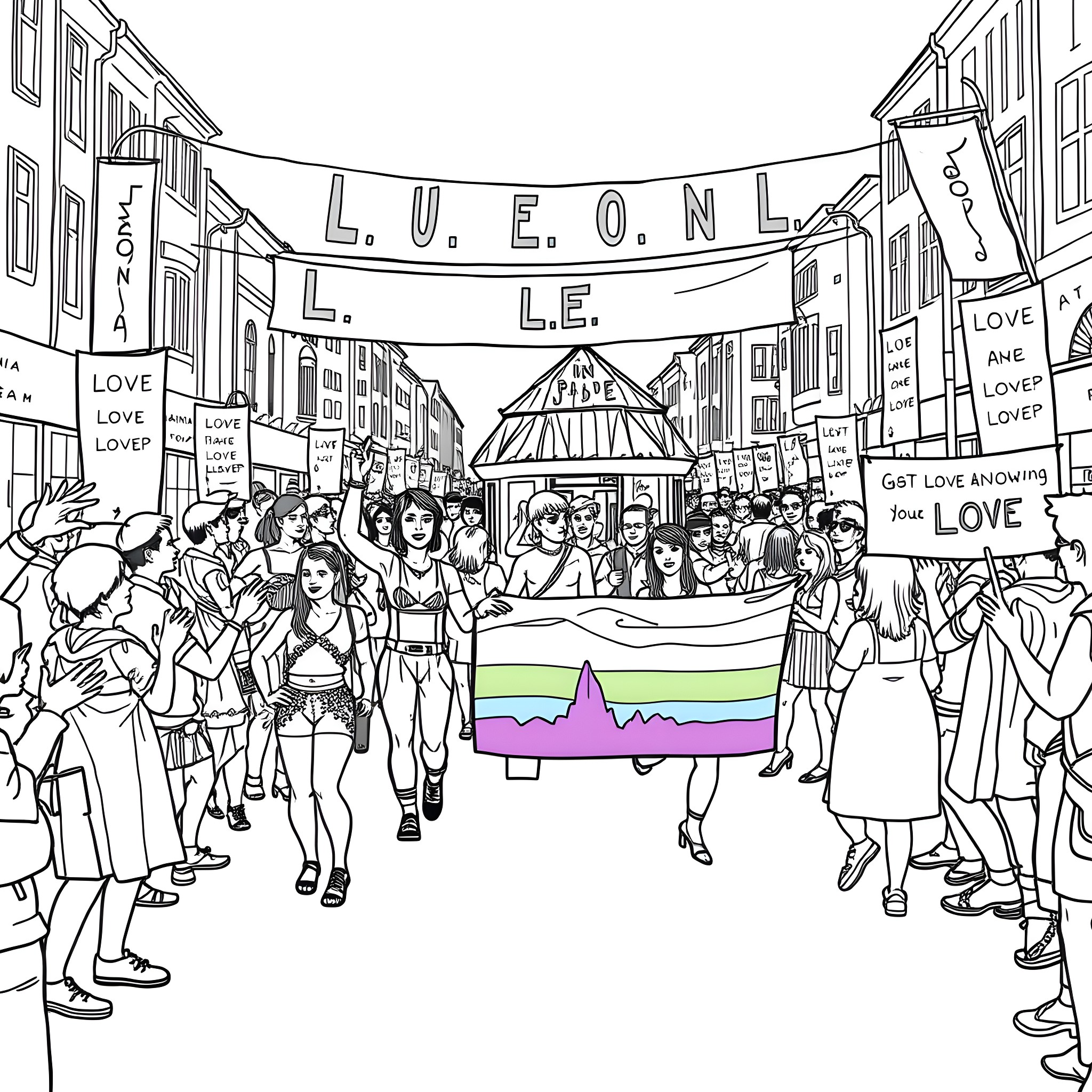 Pride Celebration with Vibrant Expressions and Festive Outfits Coloring Page (free black-and-white line drawing printable PDF for all, from beginners to advanced learners, including children, teens, adults, and seniors)