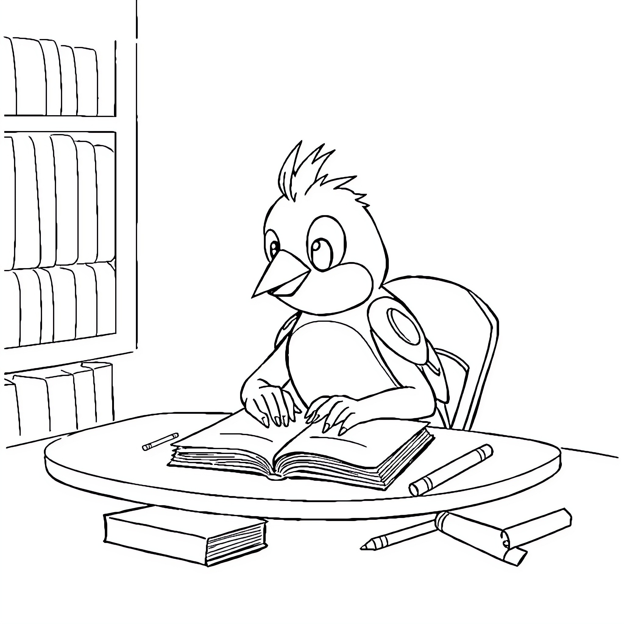 Chase the Student Owl's Diligent Study Session Coloring Page (free black-and-white line drawing printable PDF for all, from beginners to advanced learners, including children, teens, adults, and seniors)