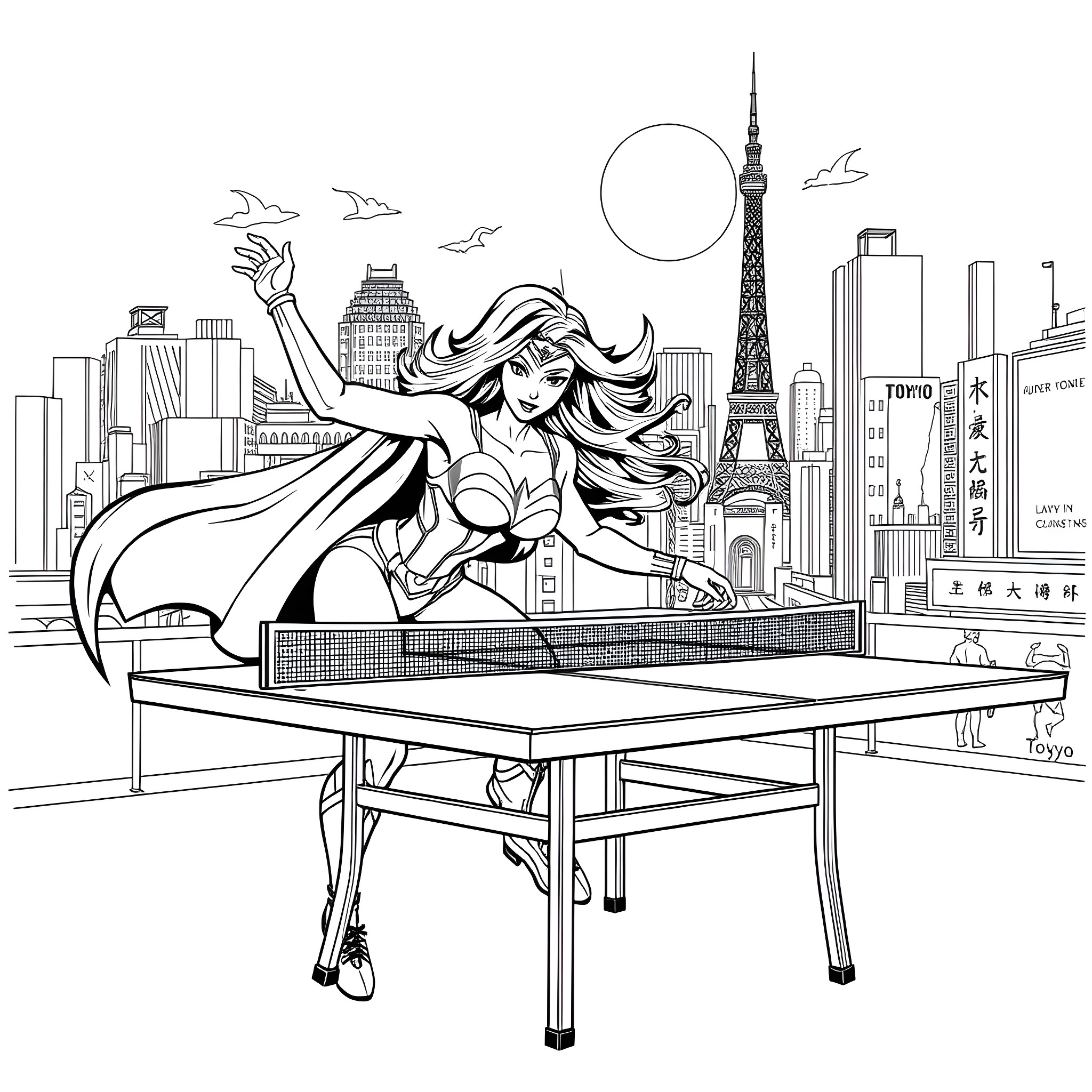 Superwoman Dominates the Tennis Court in Tokyo Coloring Page (free black-and-white line drawing printable PDF for all, from beginners to advanced learners, including children, teens, adults, and seniors)