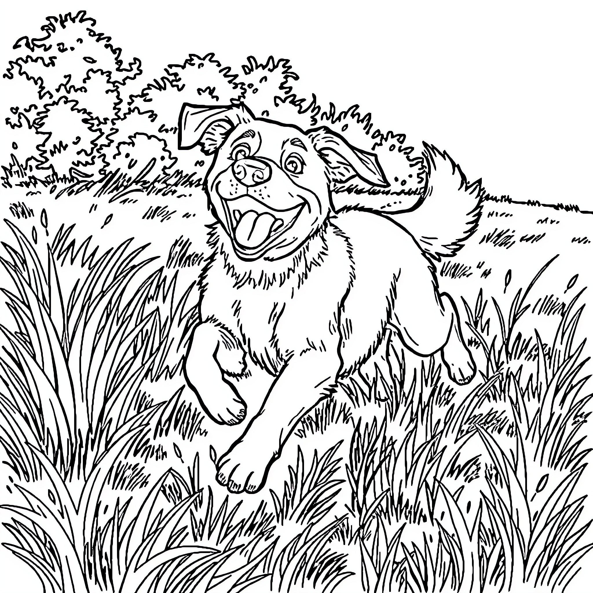 Dog playing joyfully in the grass Coloring Page (free black-and-white line drawing printable PDF for all, from beginners to advanced learners, including children, teens, adults, and seniors)