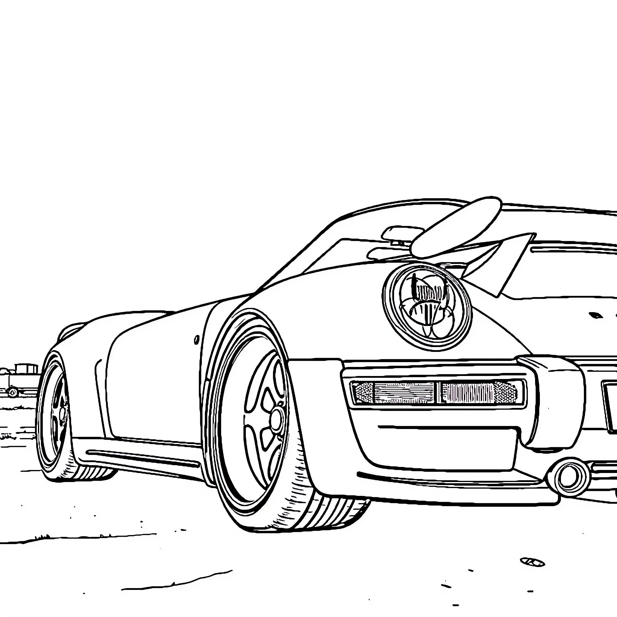 Porsche sports car in dynamic action pose Coloring Page (free black-and-white line drawing printable PDF for all, from beginners to advanced learners, including children, teens, adults, and seniors)
