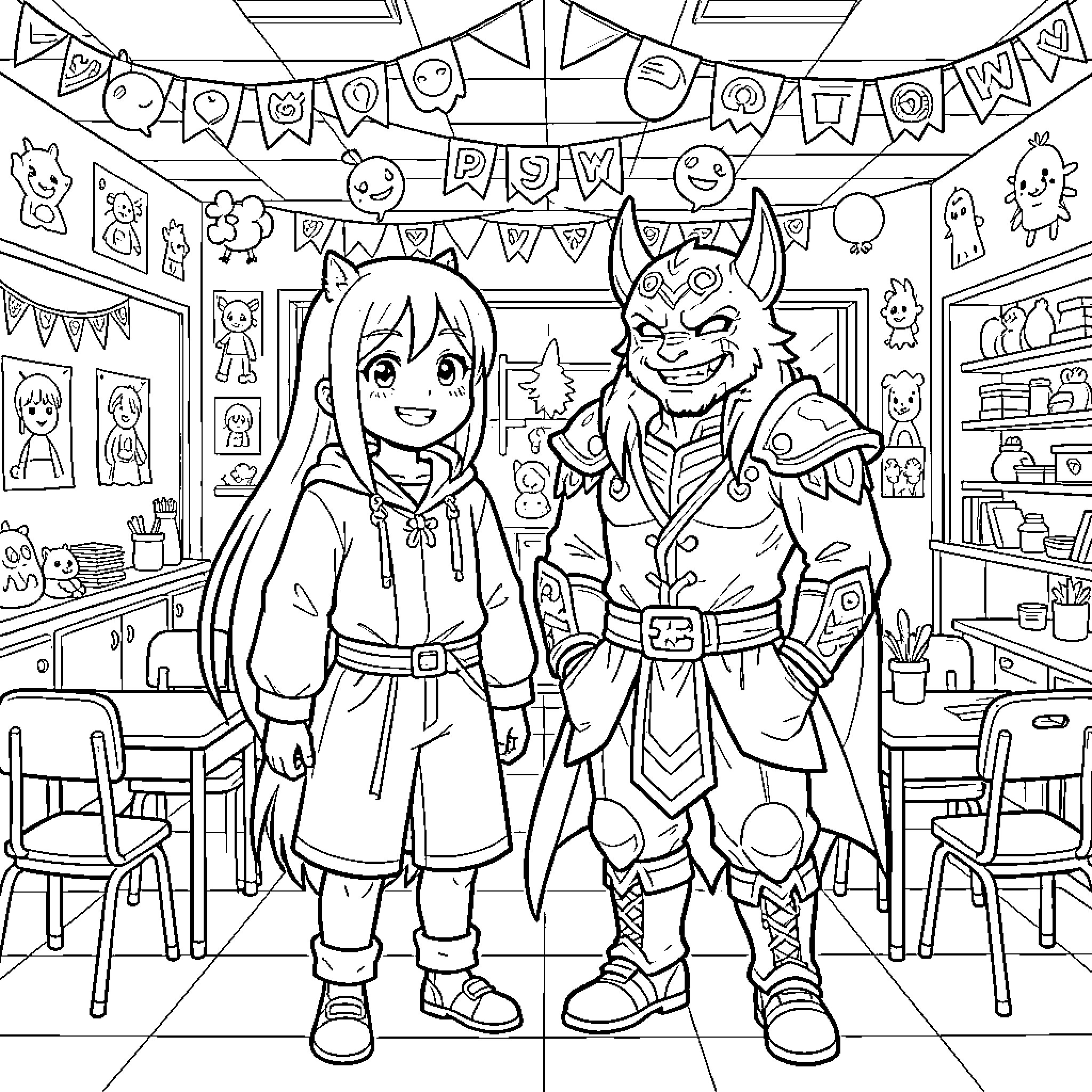 Iruma and his demonic friend in a festive classroom Coloring Page (free black-and-white line drawing printable PDF for all, from beginners to advanced learners, including children, teens, adults, and seniors)
