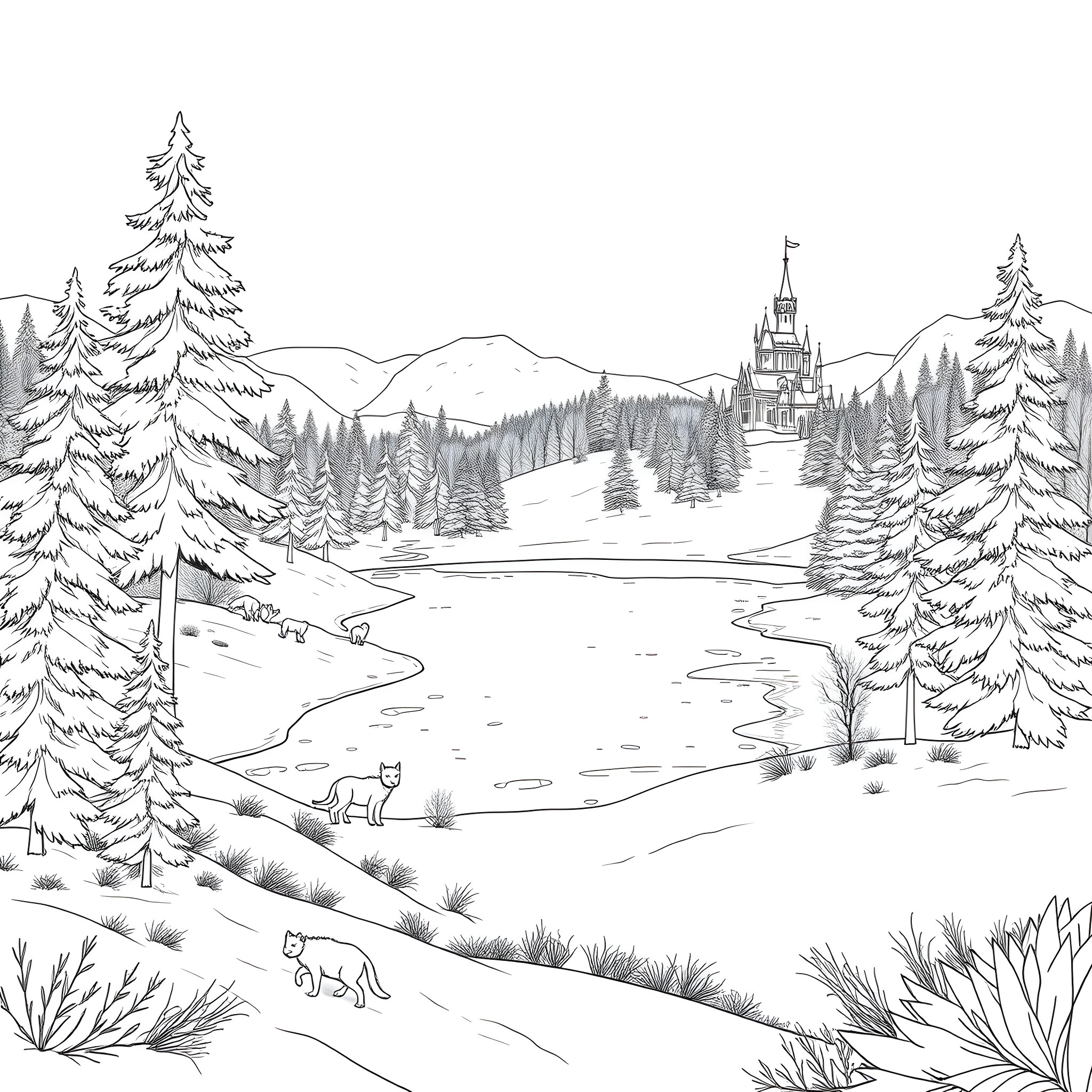 Narnia - A Magical Winter Landscape with Castle Coloring Page (free black-and-white line drawing printable PDF for all, from beginners to advanced learners, including children, teens, adults, and seniors)