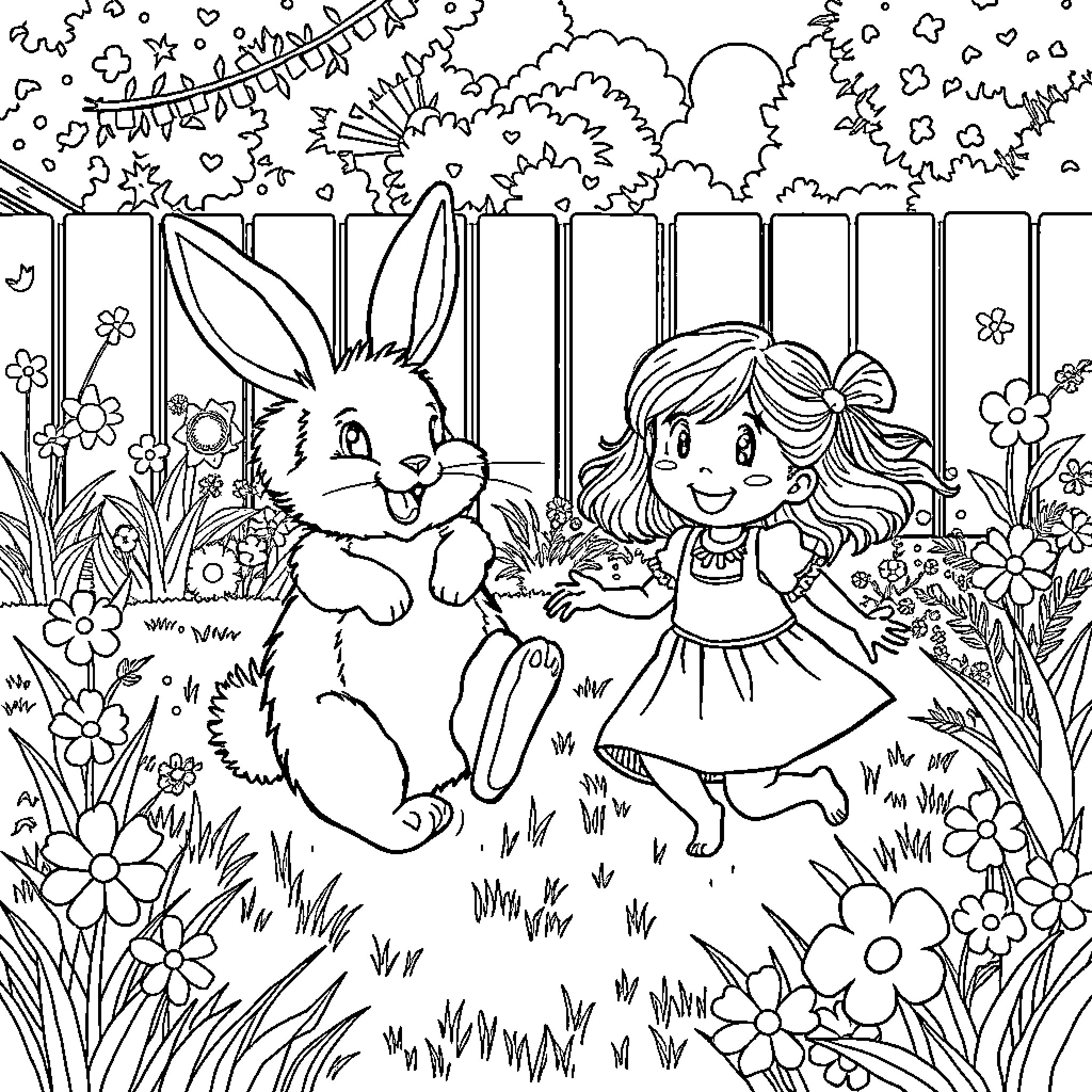 Bunny and Girl Playing in Flower Garden Coloring Page (free black-and-white line drawing printable PDF for all, from beginners to advanced learners, including children, teens, adults, and seniors)