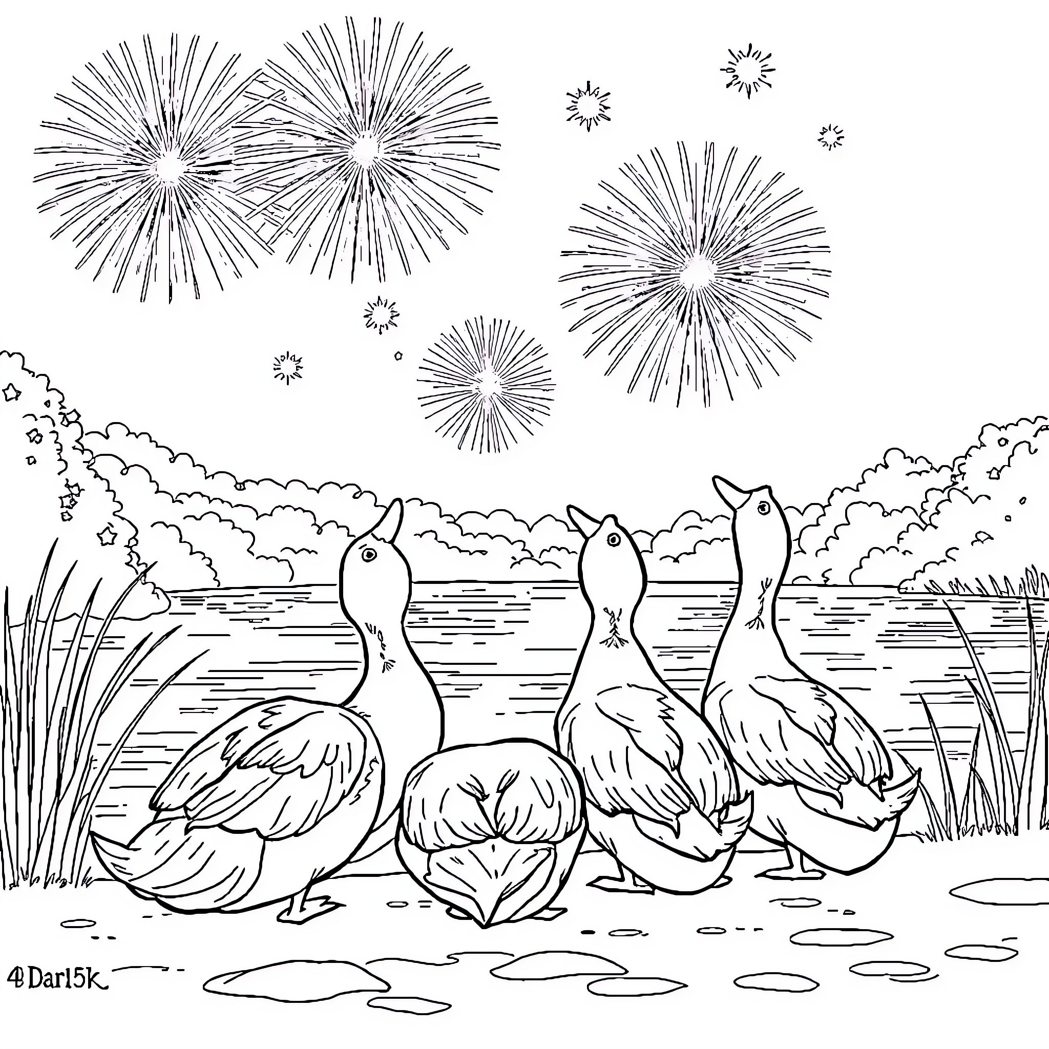 Ducks enjoying fireworks display on lake Coloring Page (free black-and-white line drawing printable PDF for all, from beginners to advanced learners, including children, teens, adults, and seniors)