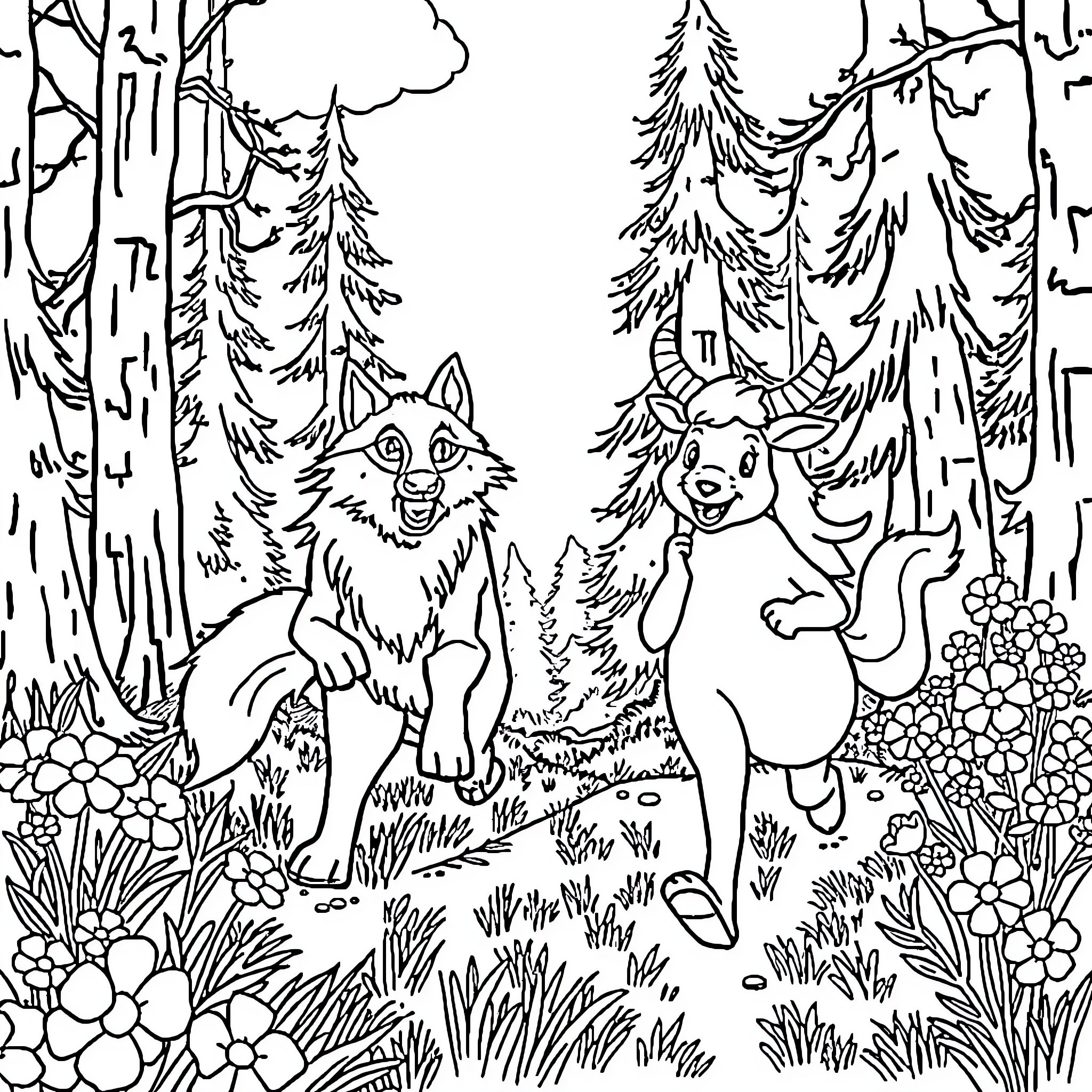 Wolf and squirrel frolicking in the forest Coloring Page (free black-and-white line drawing printable PDF for all, from beginners to advanced learners, including children, teens, adults, and seniors)