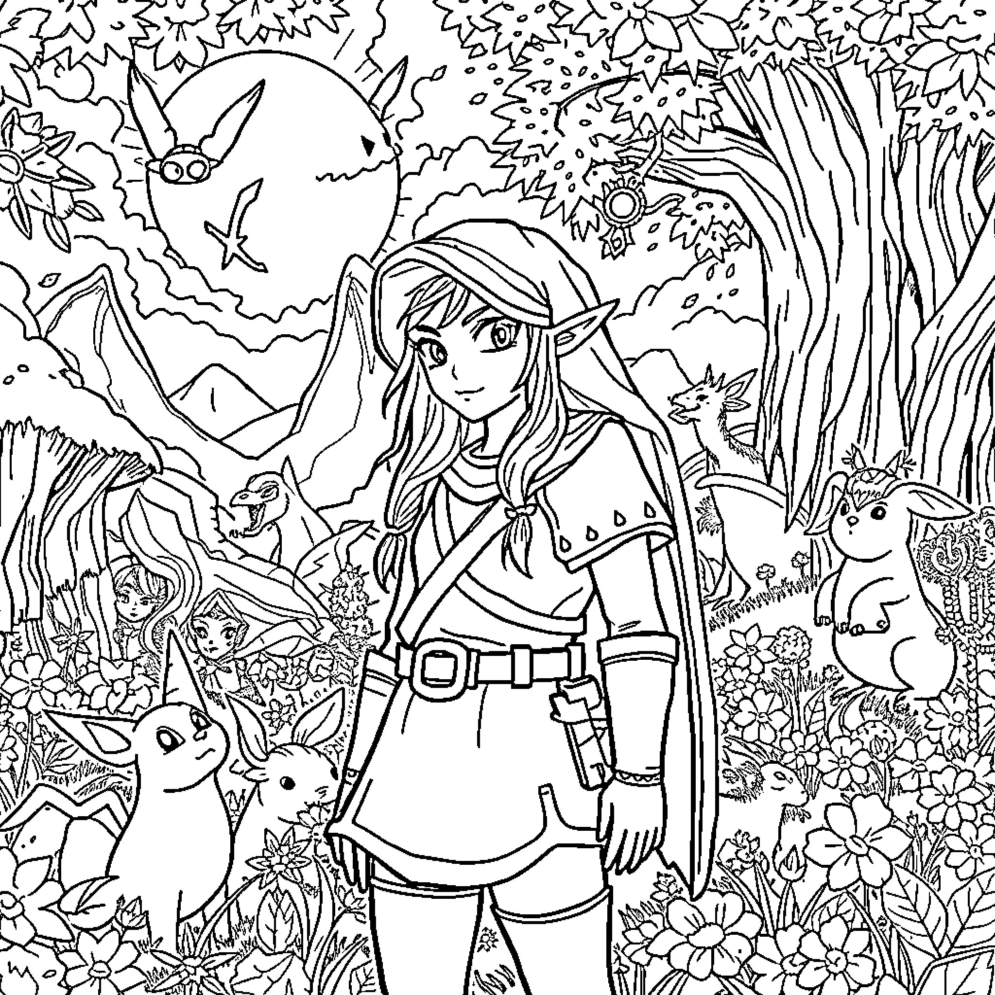 Zelda's Adventure in the Enchanted Forest Coloring Page (free black-and-white line drawing printable PDF for all, from beginners to advanced learners, including children, teens, adults, and seniors)