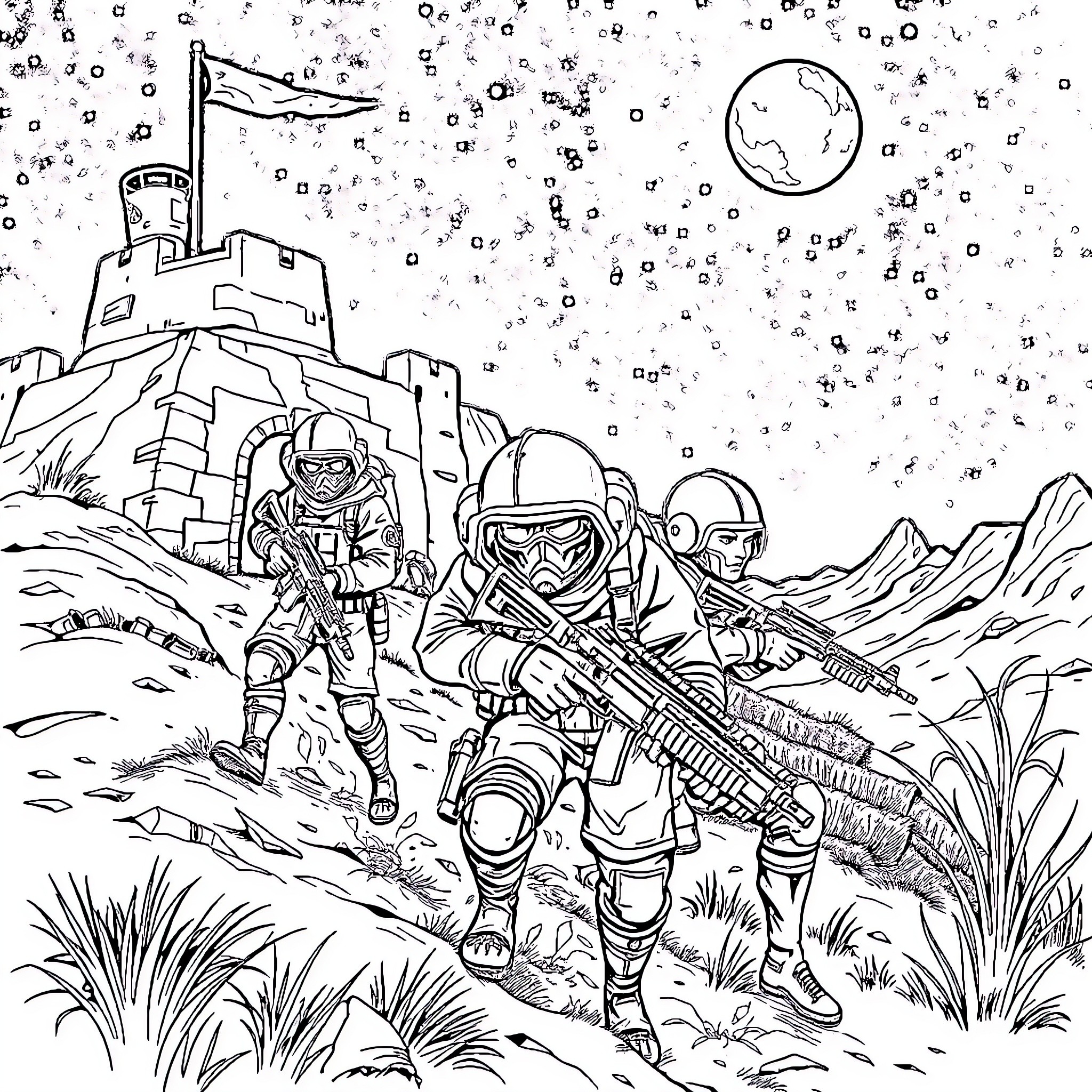 Rust Character Exploring Alien Planet with Fellow Astronauts Coloring Page (free black-and-white line drawing printable PDF for all, from beginners to advanced learners, including children, teens, adults, and seniors)