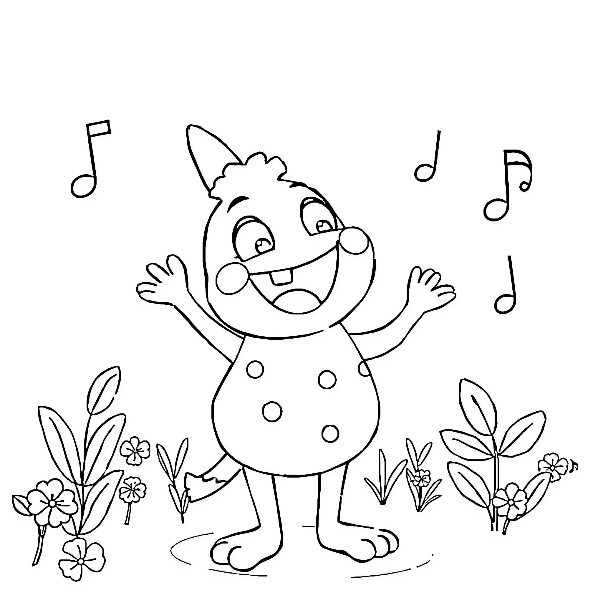 Tralelo Tralala Clown Singing and Dancing in Flowers Coloring Page (free black-and-white line drawing printable PDF for all, from beginners to advanced learners, including children, teens, adults, and seniors)