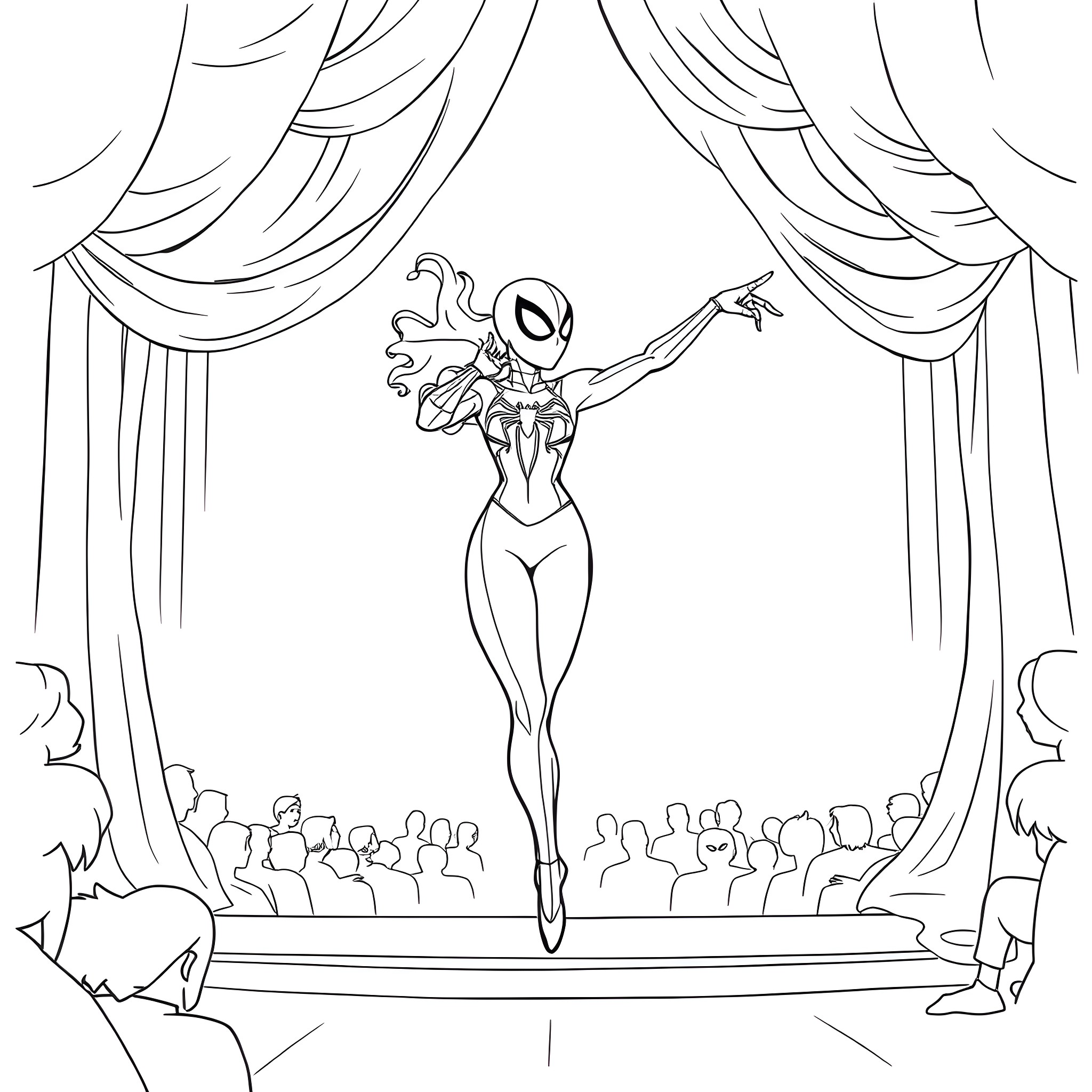 Spider Gwen on Stage Performing for Audience Coloring Page (free black-and-white line drawing printable PDF for all, from beginners to advanced learners, including children, teens, adults, and seniors)
