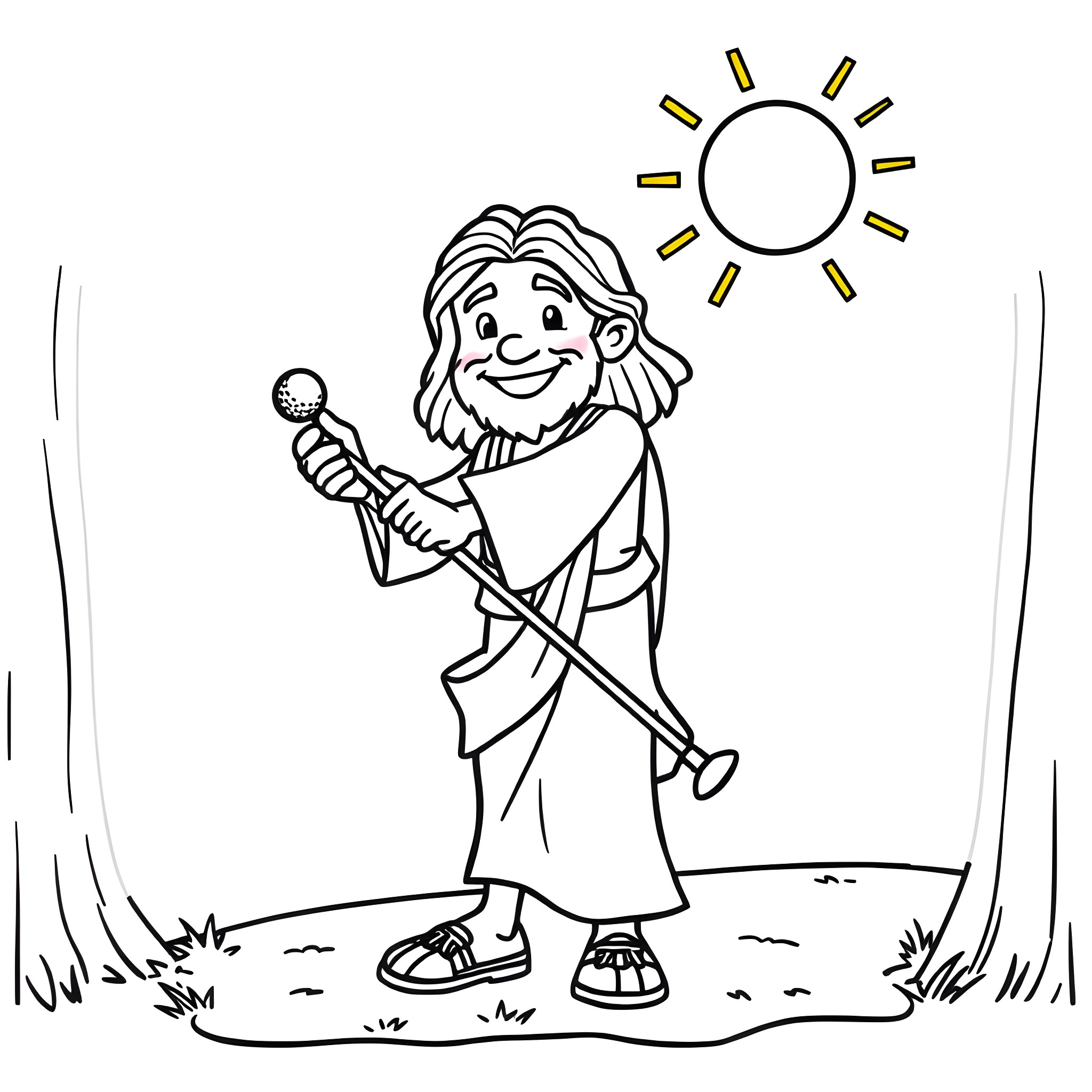 Jesus joyfully singing under the sun Coloring Page (free black-and-white line drawing printable PDF for all, from beginners to advanced learners, including children, teens, adults, and seniors)