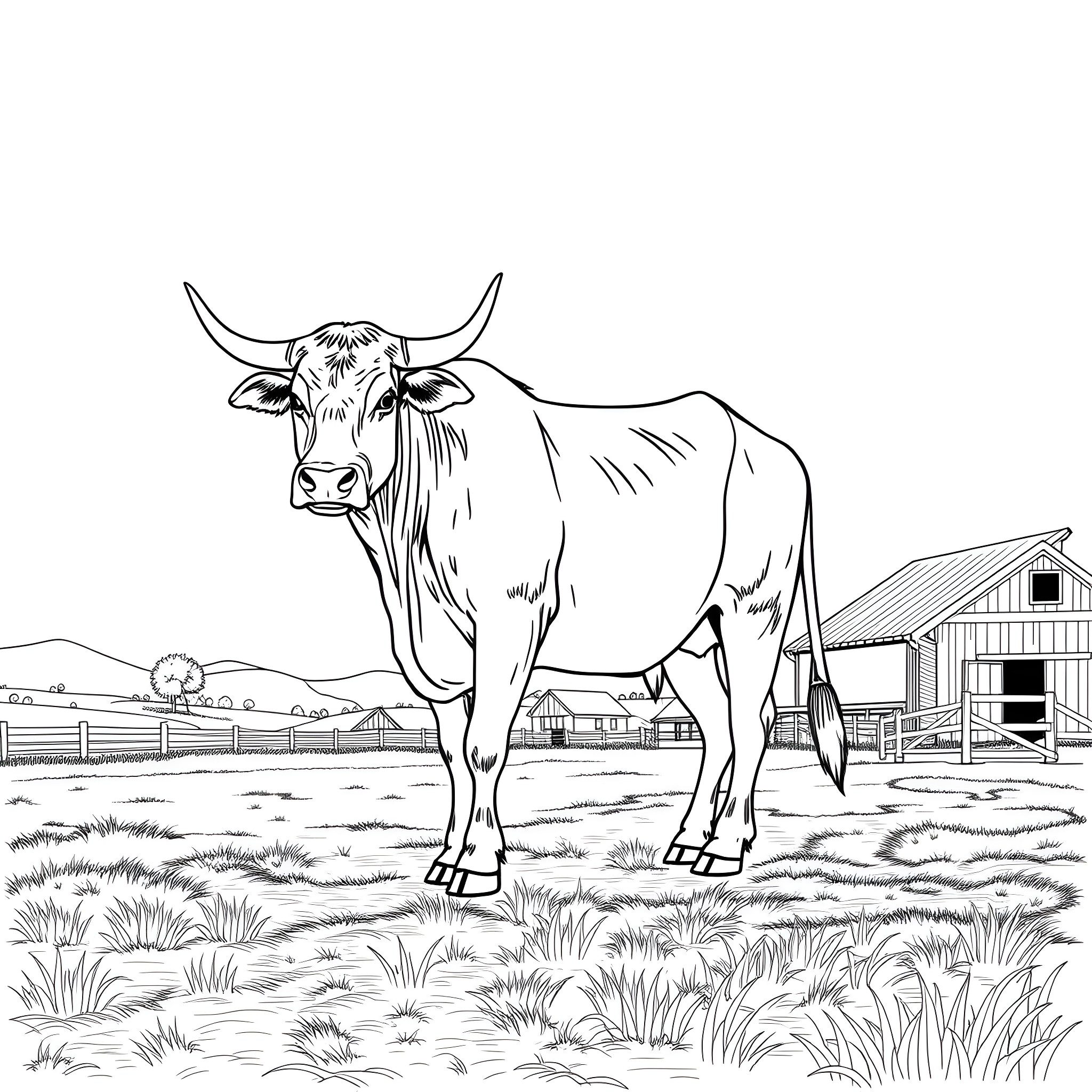 Ox gazing over a rural farm landscape Coloring Page (free black-and-white line drawing printable PDF for all, from beginners to advanced learners, including children, teens, adults, and seniors)