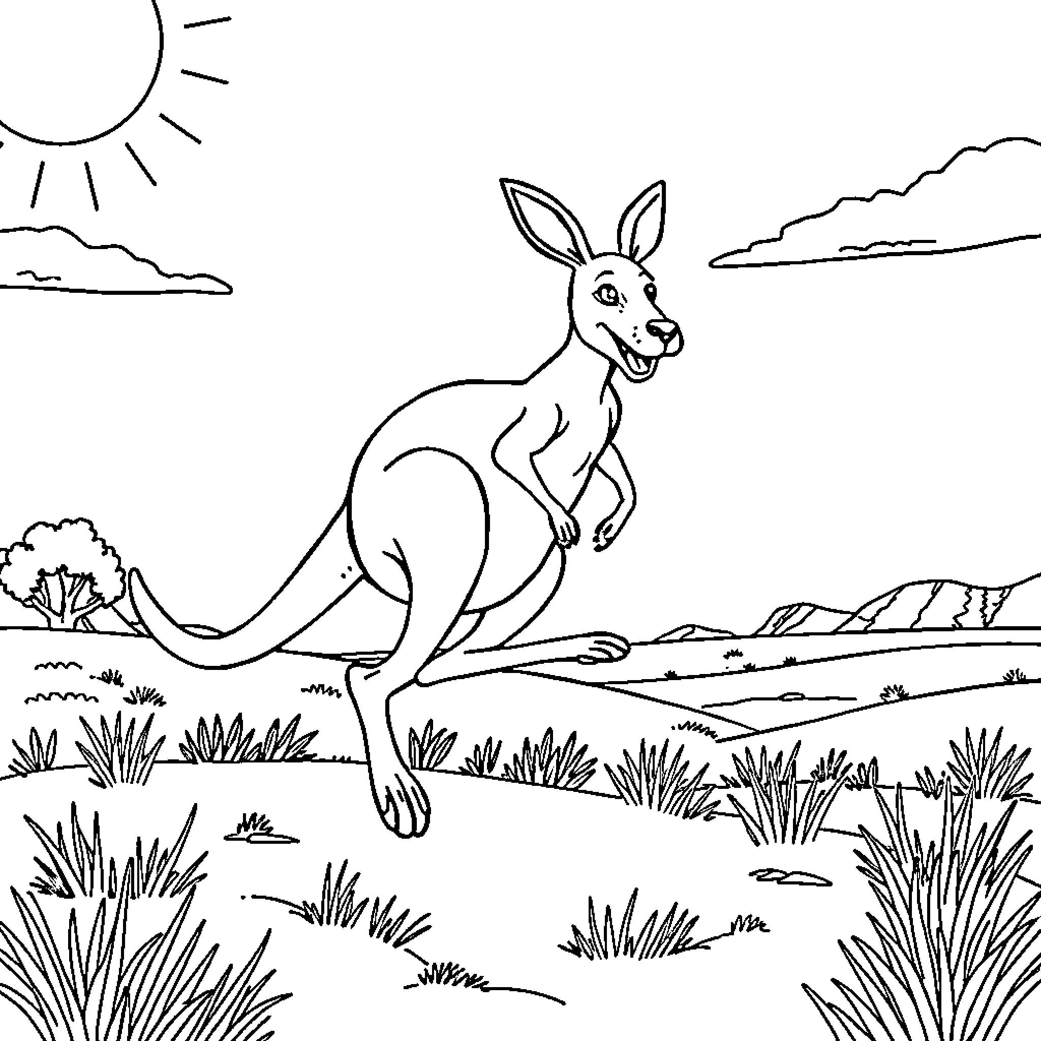 Kangaroo hopping in the Australian countryside Coloring Page (free black-and-white line drawing printable PDF for all, from beginners to advanced learners, including children, teens, adults, and seniors)
