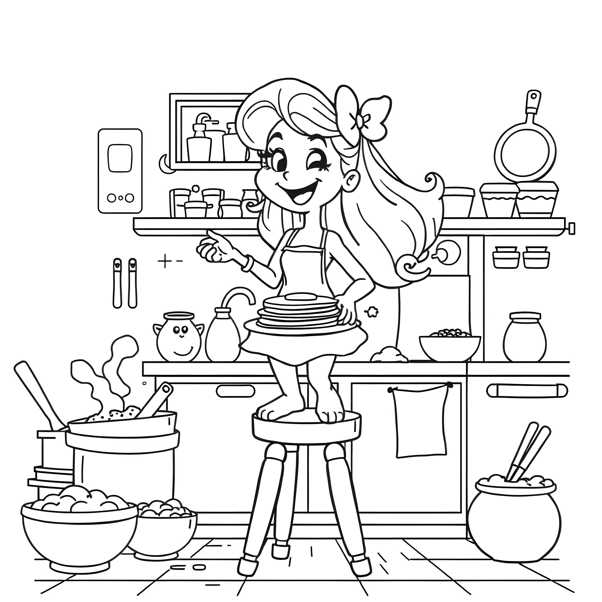 Bluey cooking enthusiastically in the kitchen Coloring Page (free black-and-white line drawing printable PDF for all, from beginners to advanced learners, including children, teens, adults, and seniors)