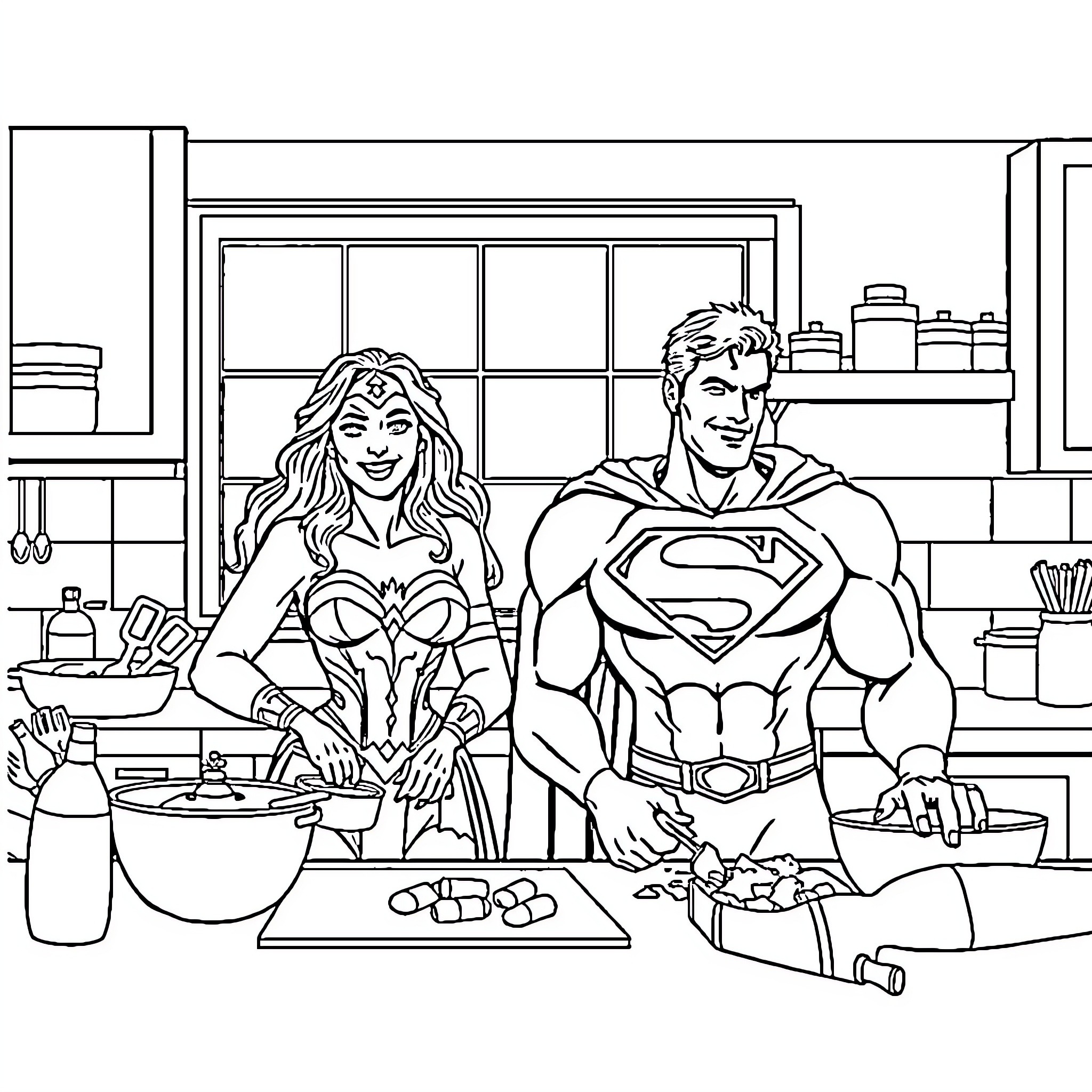 Wonder Woman and Superman Cooking Together Coloring Page (free black-and-white line drawing printable PDF for all, from beginners to advanced learners, including children, teens, adults, and seniors)