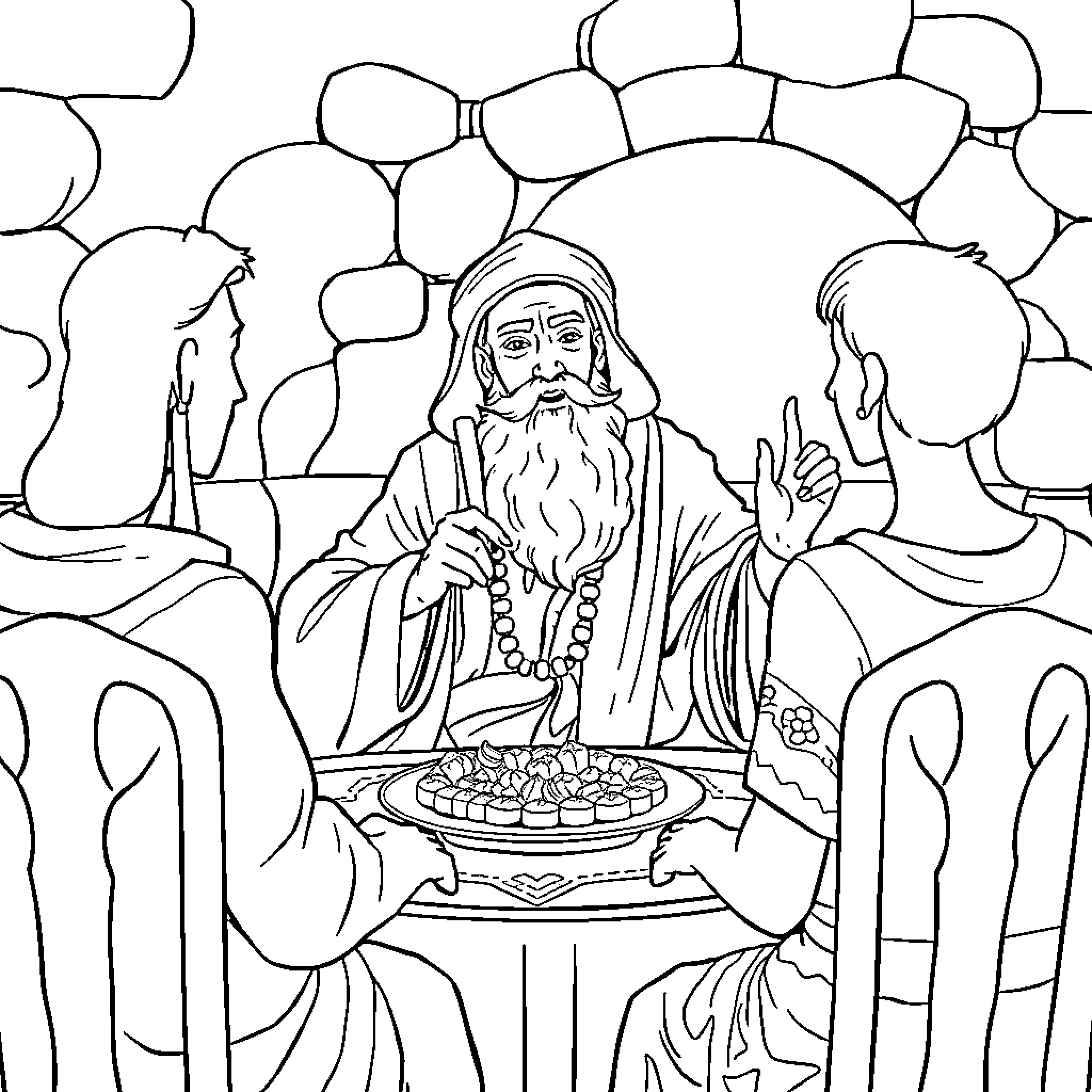 Rumi sharing wisdom and blessings with followers Coloring Page (free black-and-white line drawing printable PDF for all, from beginners to advanced learners, including children, teens, adults, and seniors)