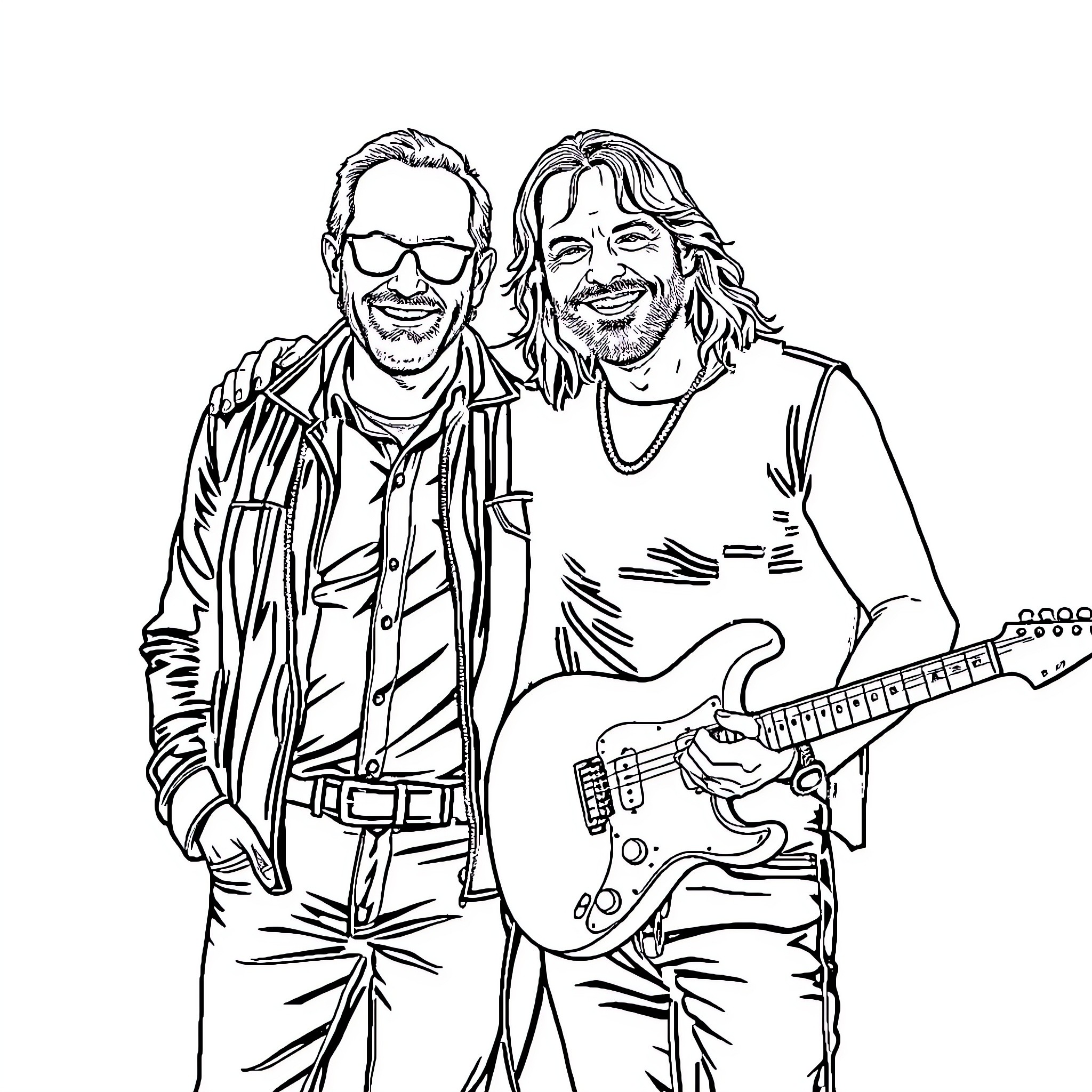 Jeff Hardy jamming with friend on electric guitar Coloring Page (free black-and-white line drawing printable PDF for all, from beginners to advanced learners, including children, teens, adults, and seniors)
