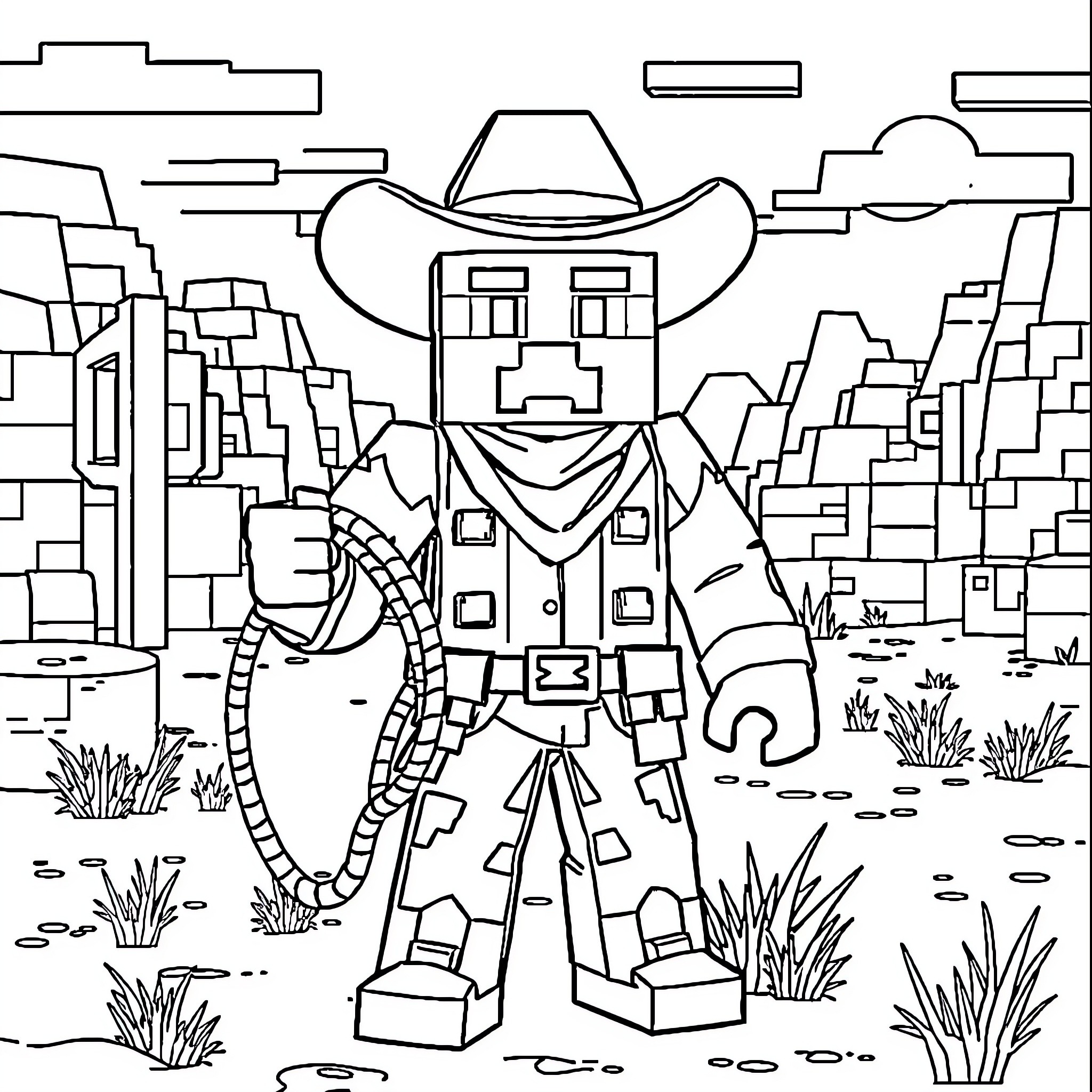 Cowboy exploring the wild western landscape Coloring Page (free black-and-white line drawing printable PDF for all, from beginners to advanced learners, including children, teens, adults, and seniors)