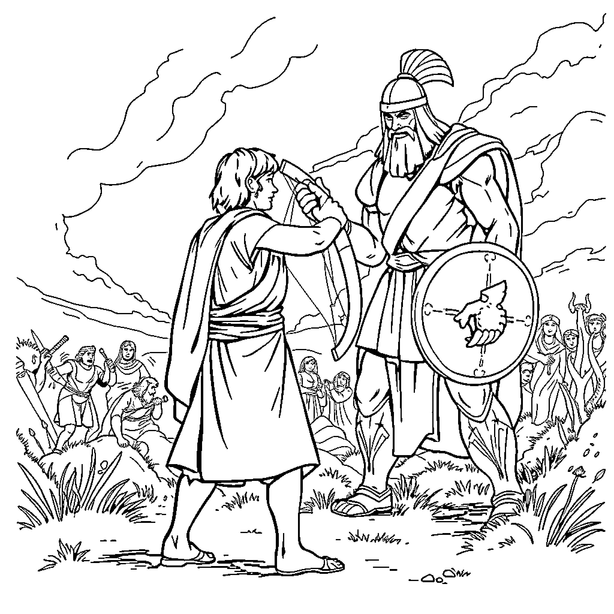 David and Goliath facing off in a battle scene Coloring Page (free black-and-white line drawing printable PDF for all, from beginners to advanced learners, including children, teens, adults, and seniors)