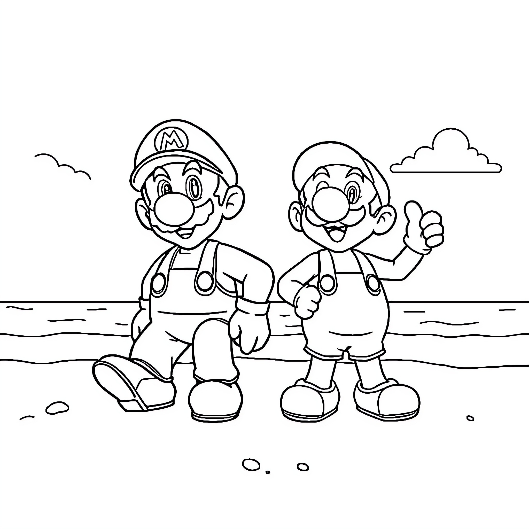 Mario Brothers Enjoying the Outdoors Coloring Page (free black-and-white line drawing printable PDF for all, from beginners to advanced learners, including children, teens, adults, and seniors)