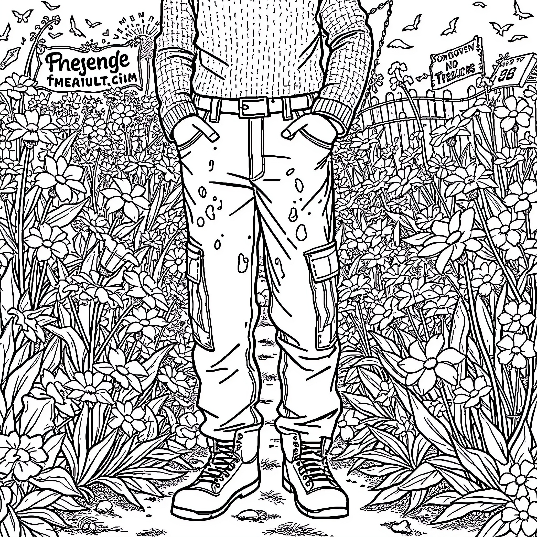 Man standing amidst a nature-filled environment Coloring Page (free black-and-white line drawing printable PDF for all, from beginners to advanced learners, including children, teens, adults, and seniors)