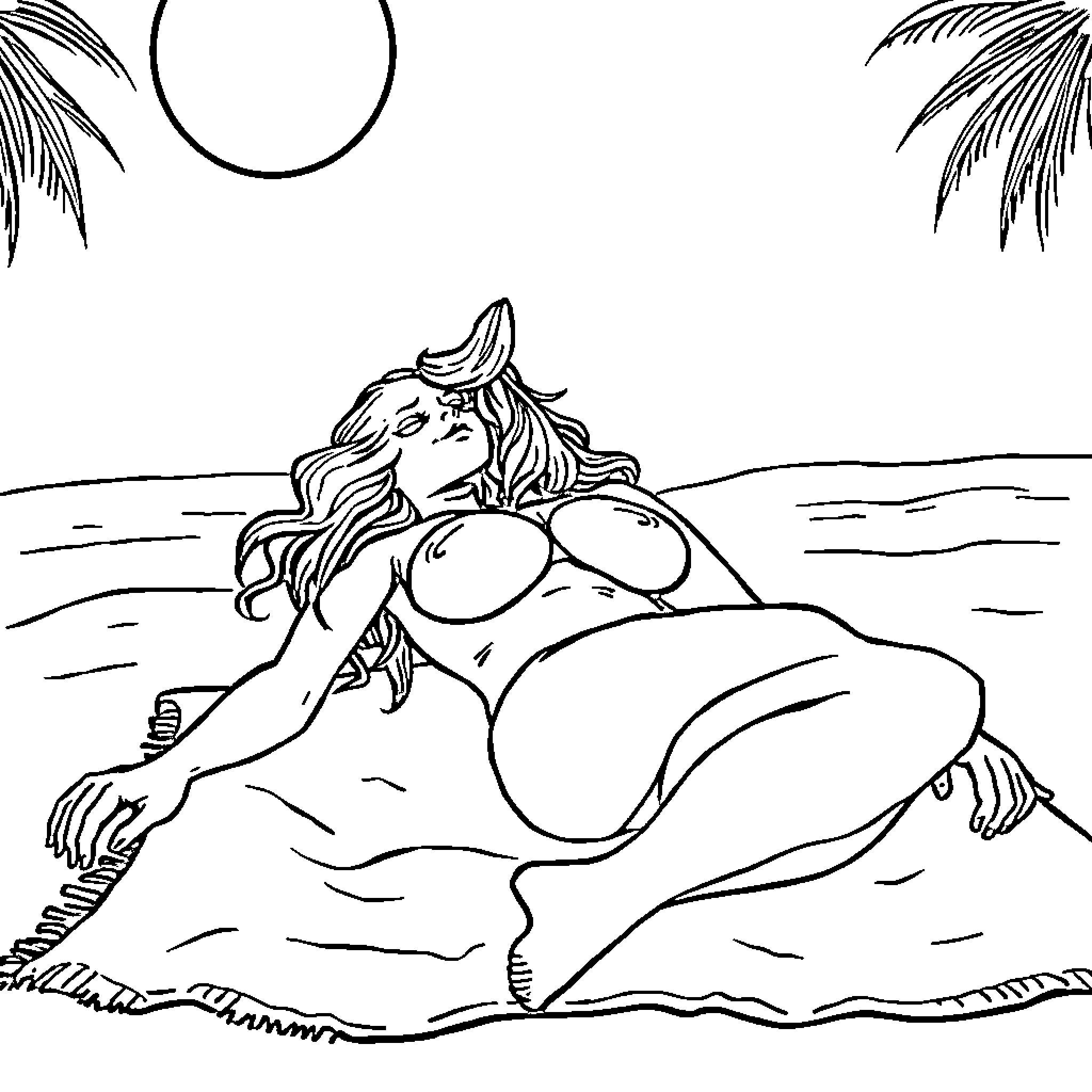 Babe relaxing on the beach under the sun Coloring Page (free black-and-white line drawing printable PDF for all, from beginners to advanced learners, including children, teens, adults, and seniors)