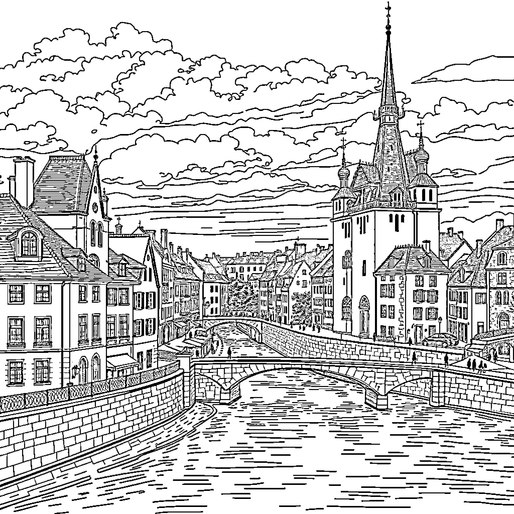 Orléans cityscape with historic architecture and bridges Coloring Page (free black-and-white line drawing printable PDF for all, from beginners to advanced learners, including children, teens, adults, and seniors)