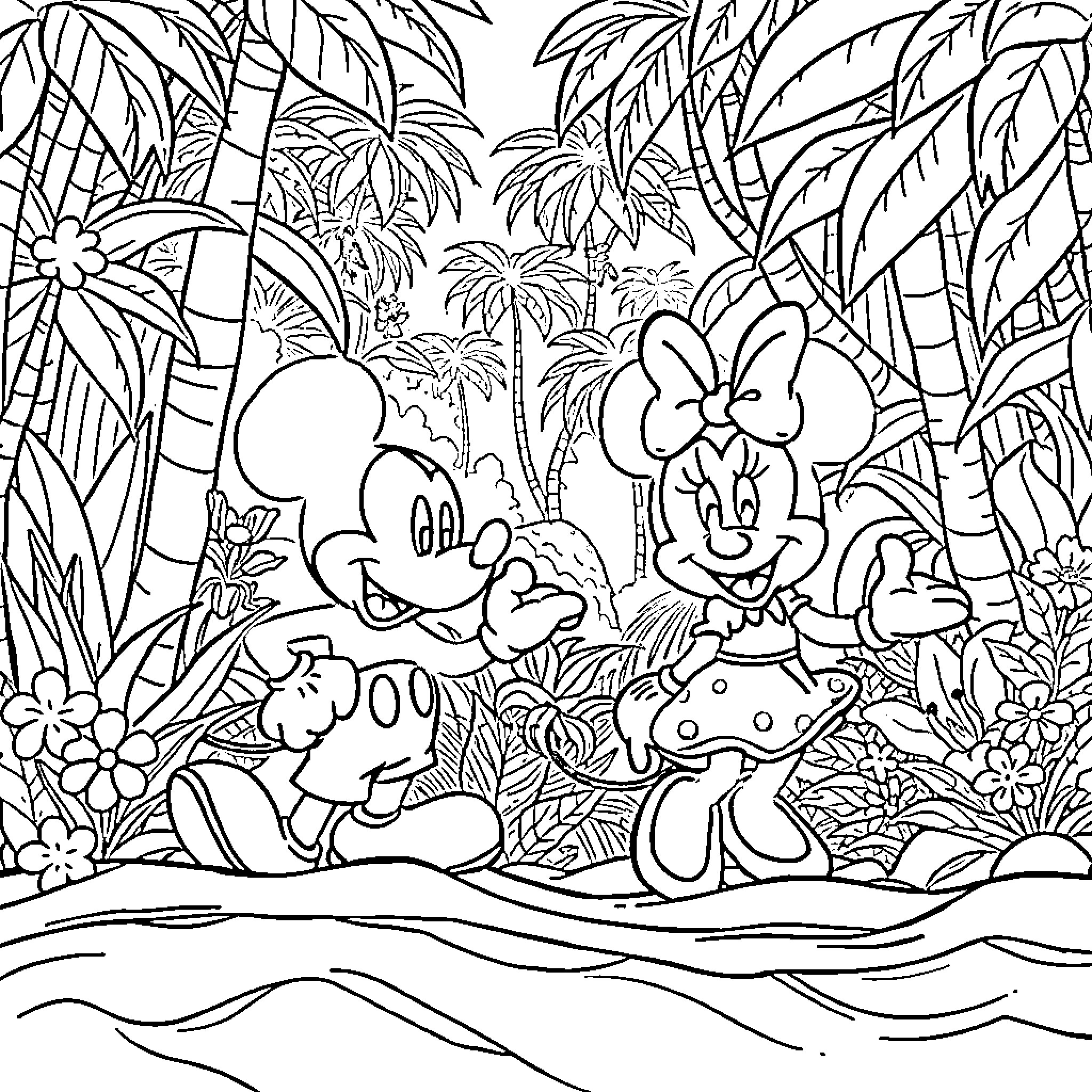 Mickey Mouse and Minnie Mouse explore tropical jungle Coloring Page (free black-and-white line drawing printable PDF for all, from beginners to advanced learners, including children, teens, adults, and seniors)
