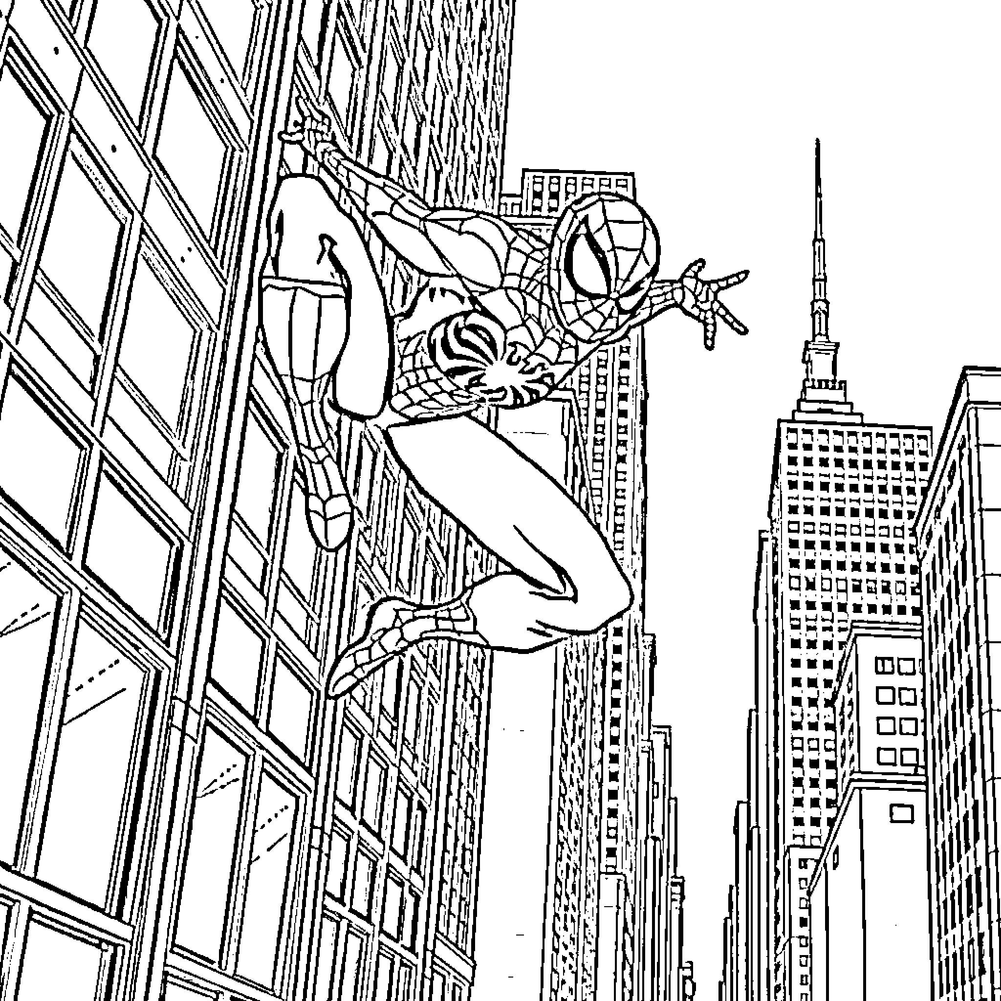 Spiderman swinging through the city skyline Coloring Page (free black-and-white line drawing printable PDF for all, from beginners to advanced learners, including children, teens, adults, and seniors)