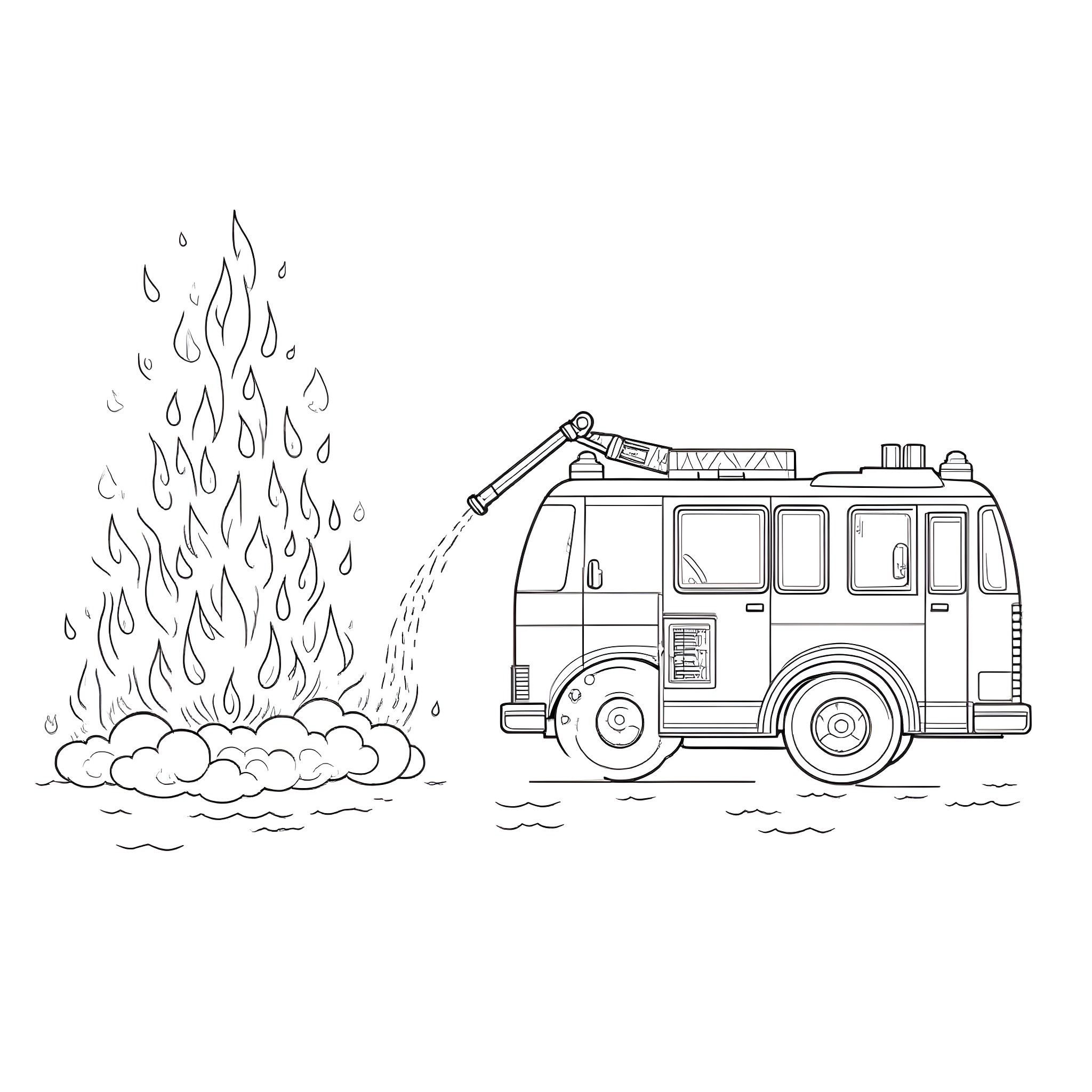 Firetruck extinguishing flames at the scene Coloring Page (free black-and-white line drawing printable PDF for all, from beginners to advanced learners, including children, teens, adults, and seniors)