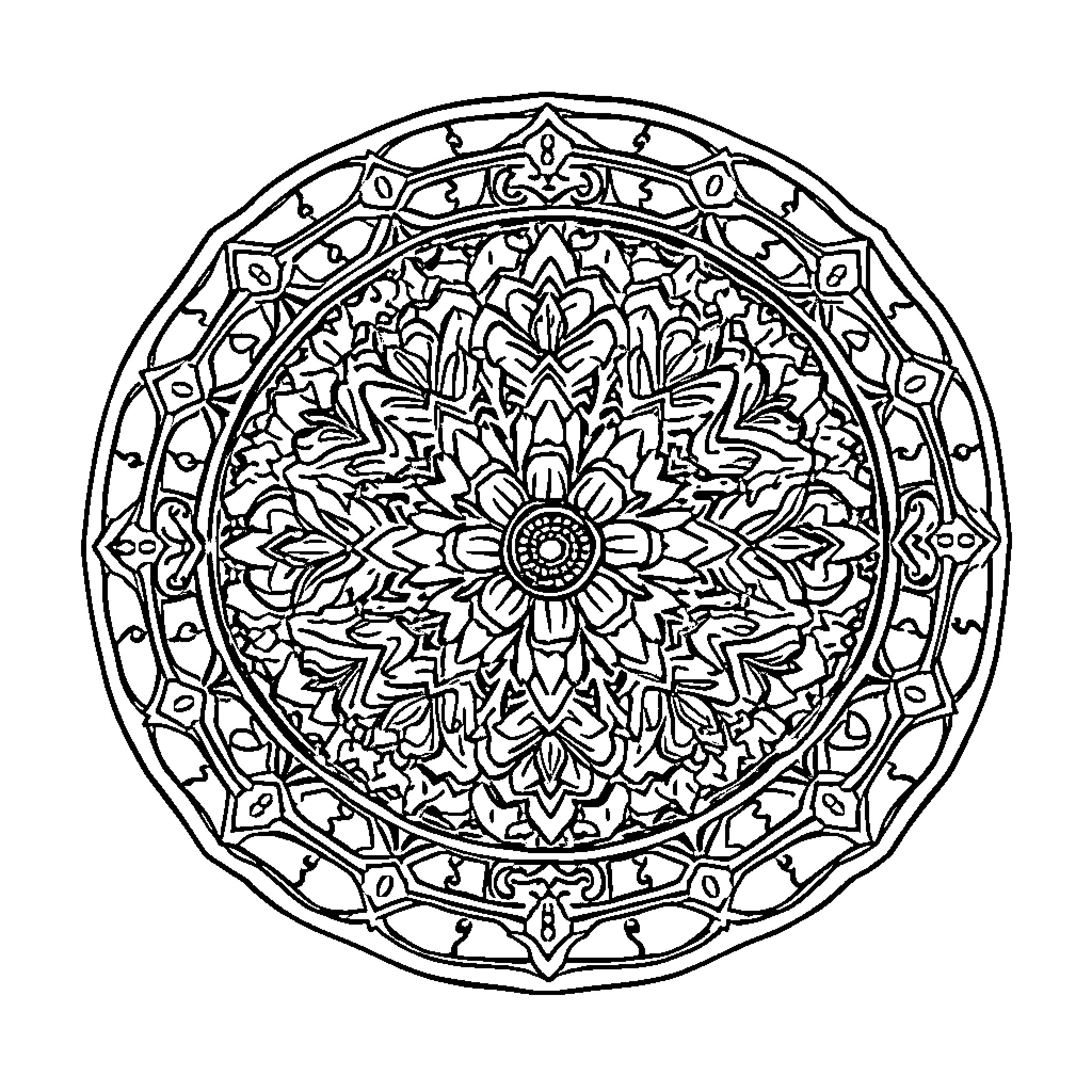 Tanjir's Intricate Floral Mandala Coloring Page (free black-and-white line drawing printable PDF for all, from beginners to advanced learners, including children, teens, adults, and seniors)