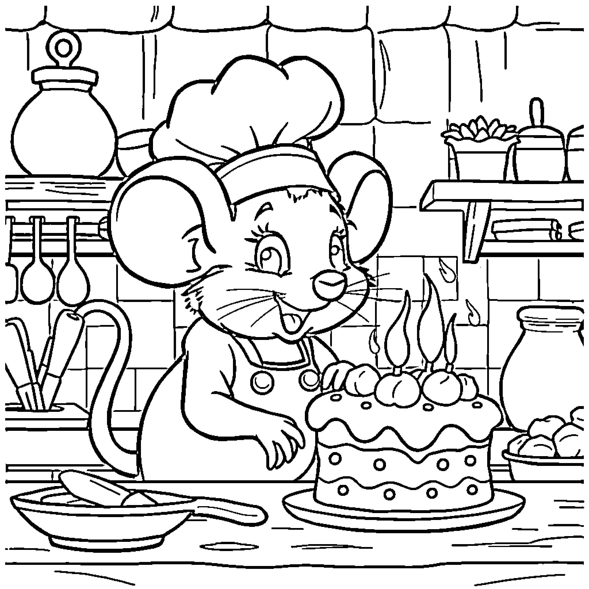 Mini Mouse baking a cake in the kitchen Coloring Page (free black-and-white line drawing printable PDF for all, from beginners to advanced learners, including children, teens, adults, and seniors)